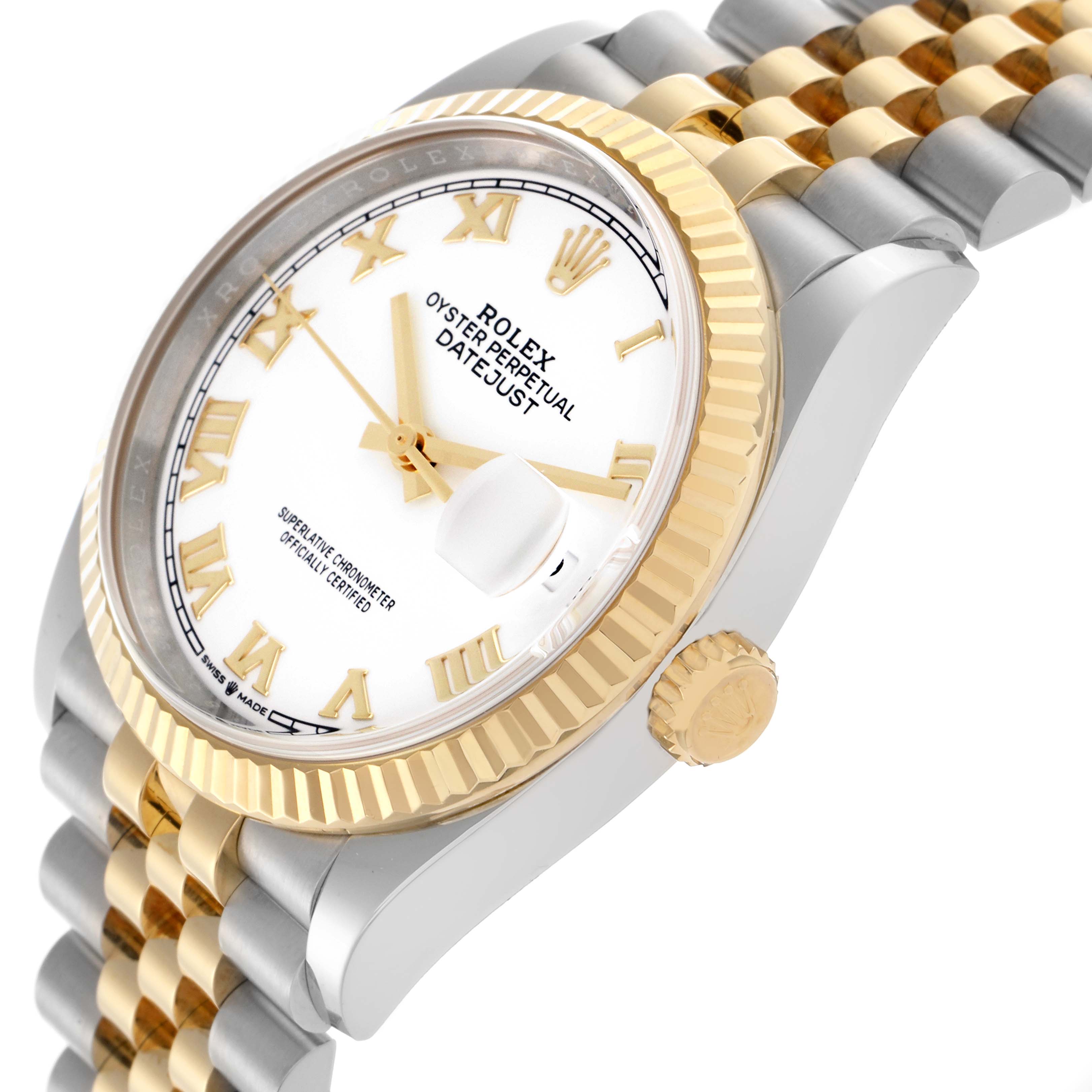 The Rolex Datejust 126233 Men's Steel and Gold (two tone) White Dial 126233 Men's Steel and Gold (two tone) White Dial watch is shown at an angled side view, highlighting its gold bezel, crown, and two-tone bracelet.