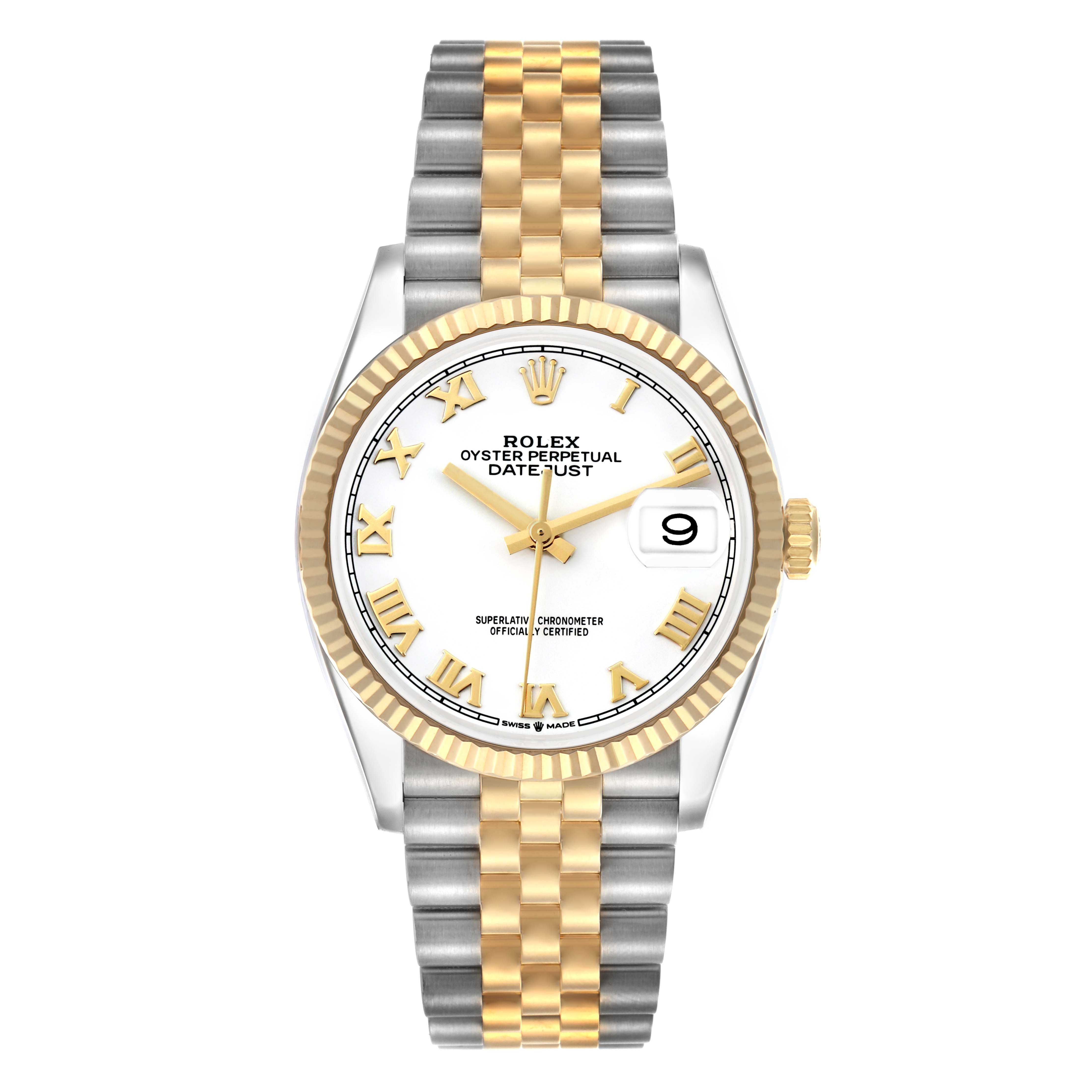 The Rolex Datejust 126233 Men's Steel and Gold (two tone) White Dial 126233 Men's Steel and Gold (two tone) White Dial watch is shown from a top-down angle, revealing the face, bezel, and bracelet.