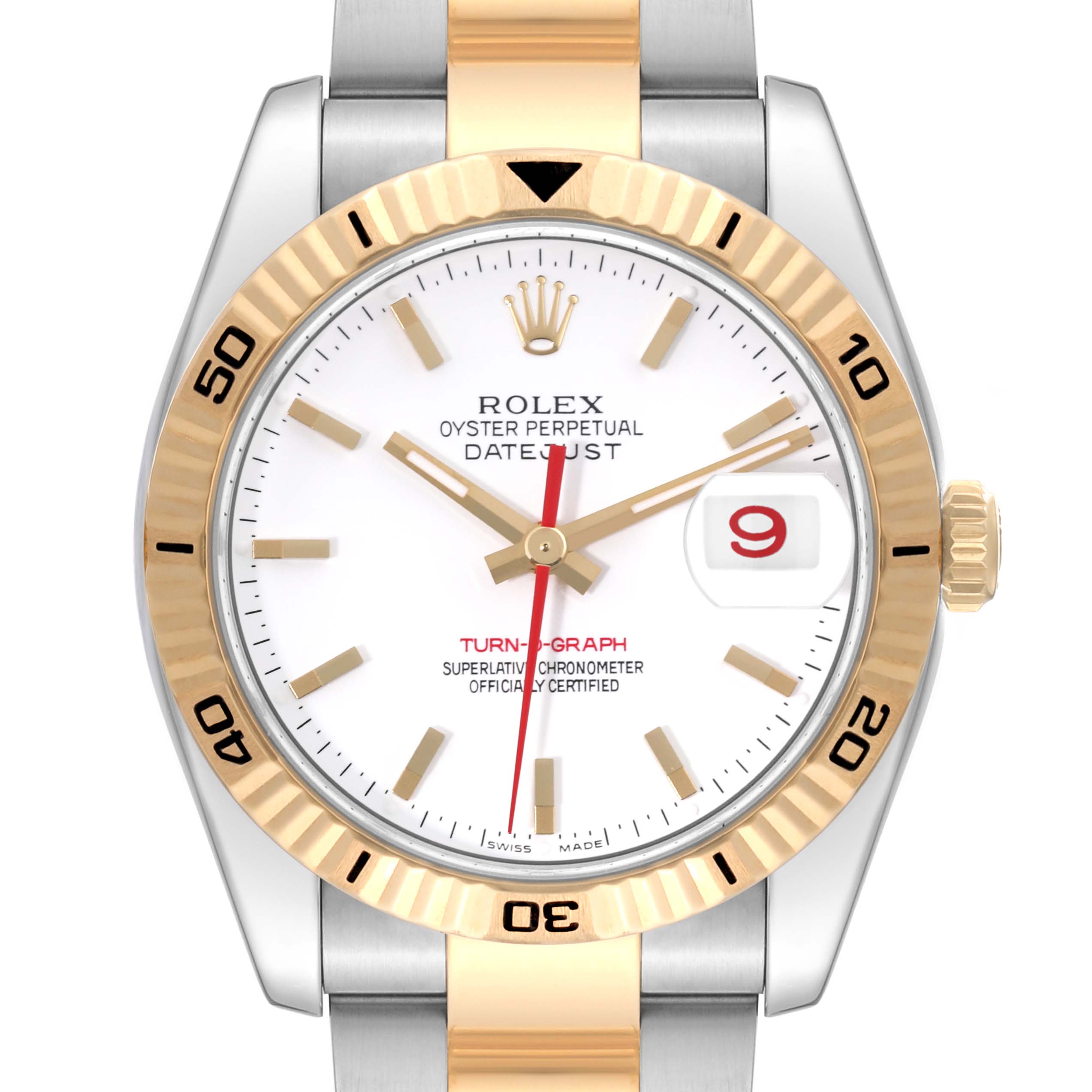 The image shows a frontal view of a Rolex Turn-o-Graph 116263 Men's Steel and Gold (two tone) White Dial 116263 Men's Steel and Gold (two tone) White Dial watch, highlighting the face, bezel, and part of the bracelet.