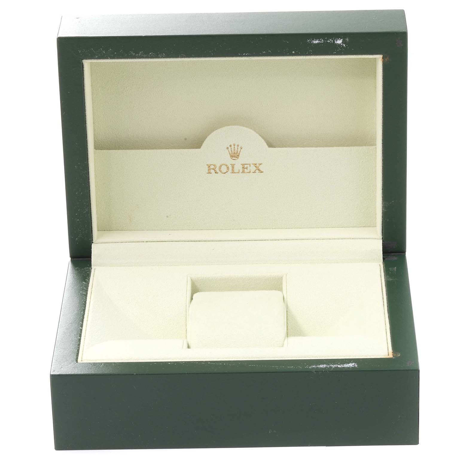 This is an open green Rolex watch box for the Turn-o-Graph model, showing the interior with spaces for the watch.