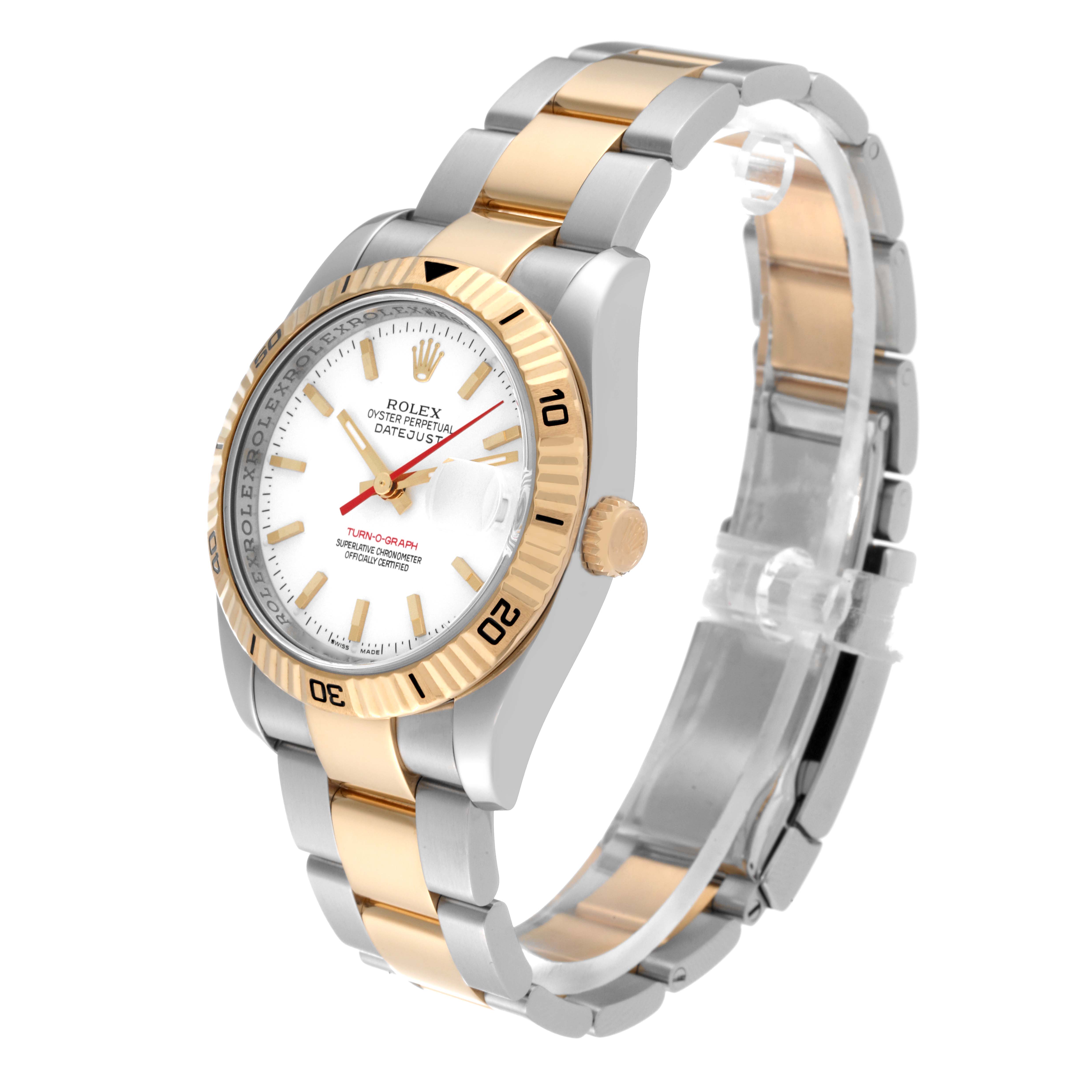 This Rolex Turn-o-Graph 116263 Men's Steel and Gold (two tone) White Dial 116263 Men's Steel and Gold (two tone) White Dial model is shown at a three-quarter angle, highlighting the face, bezel, and two-tone bracelet.