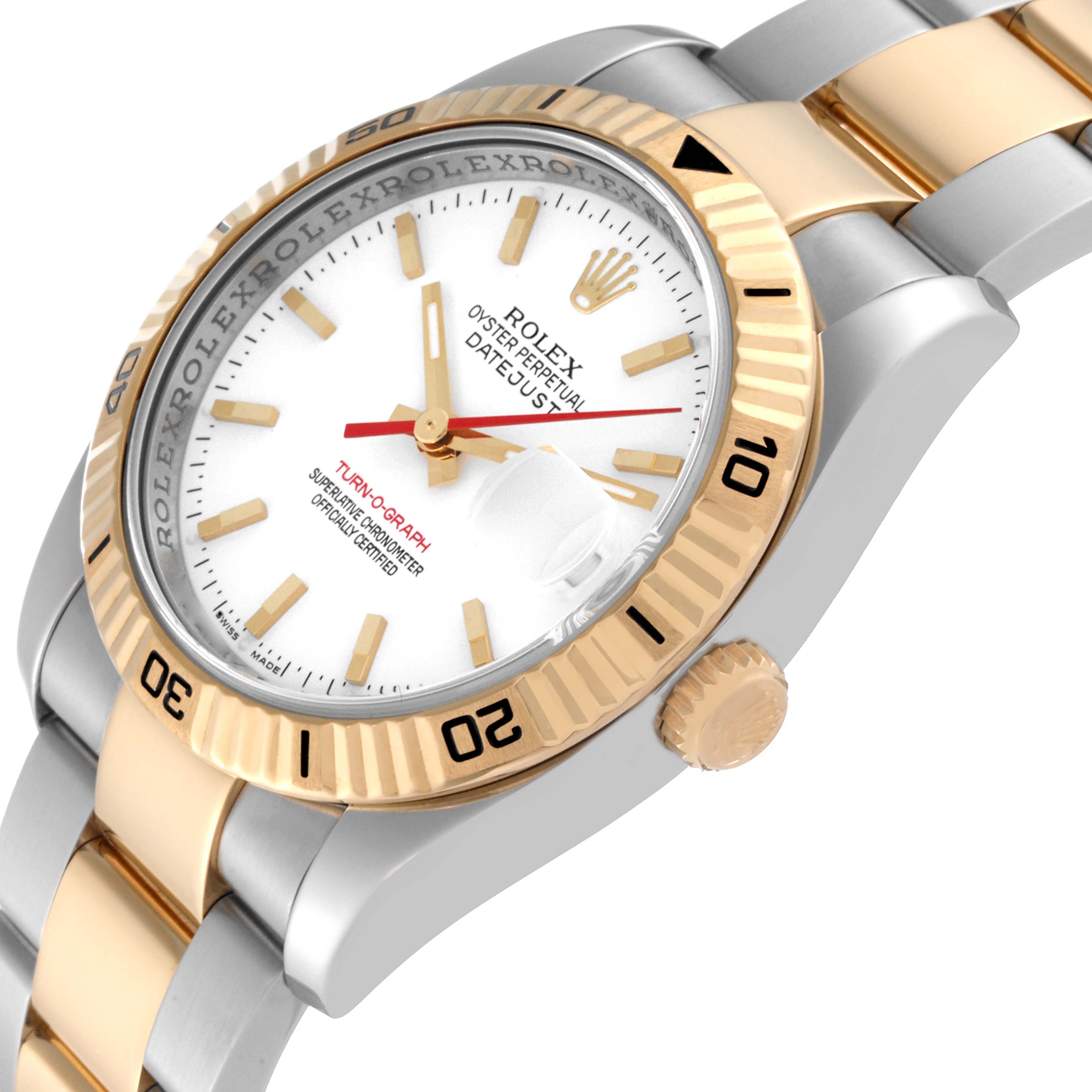The image shows a close-up angle of a Rolex Turn-o-Graph 116263 Men's Steel and Gold (two tone) White Dial 116263 Men's Steel and Gold (two tone) White Dial model wristwatch, highlighting the dial, bezel, crown, and part of the bracelet.