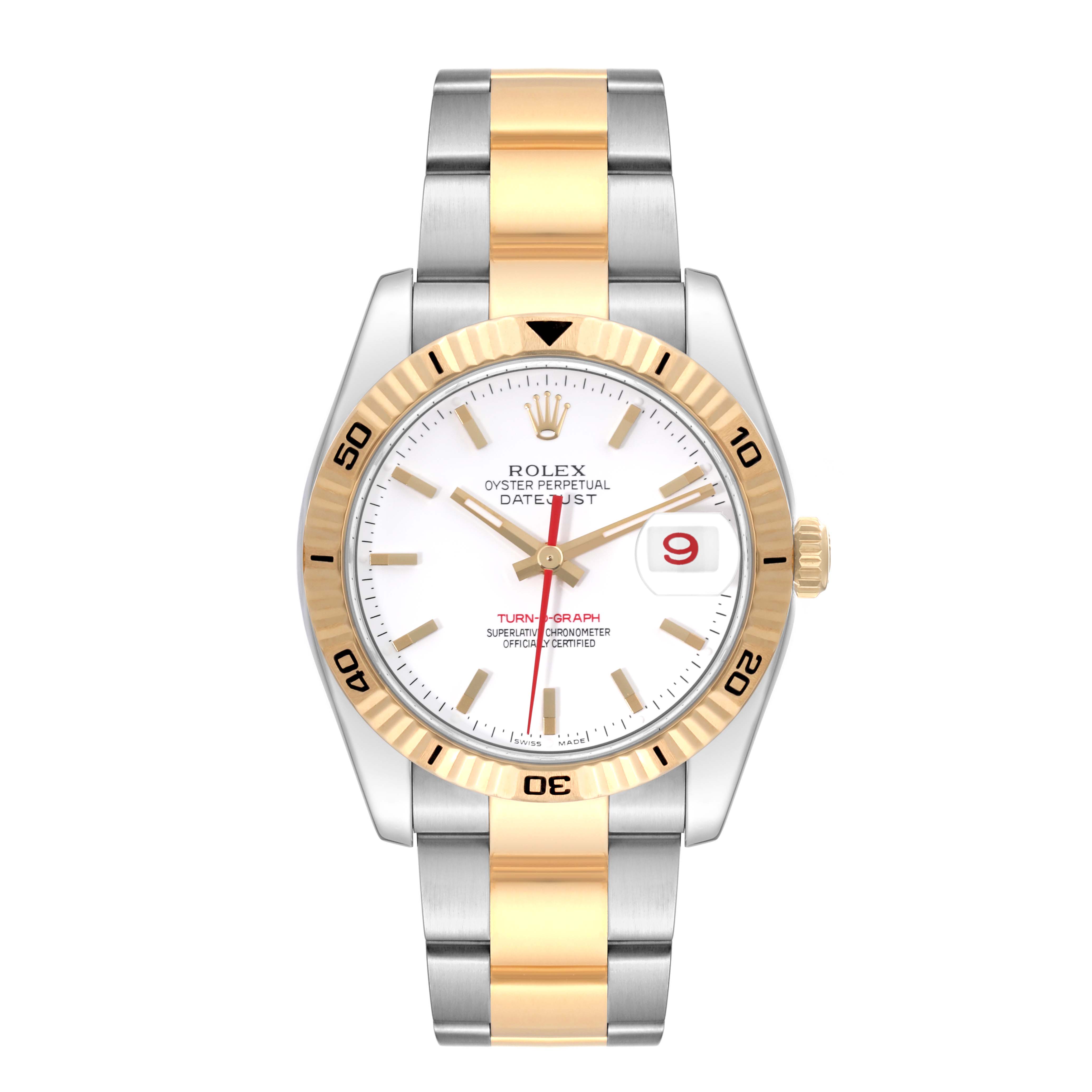 This image shows a front view of a Rolex Turn-o-Graph 116263 Men's Steel and Gold (two tone) White Dial 116263 Men's Steel and Gold (two tone) White Dial watch with a two-tone bracelet, white dial, and gold bezel.