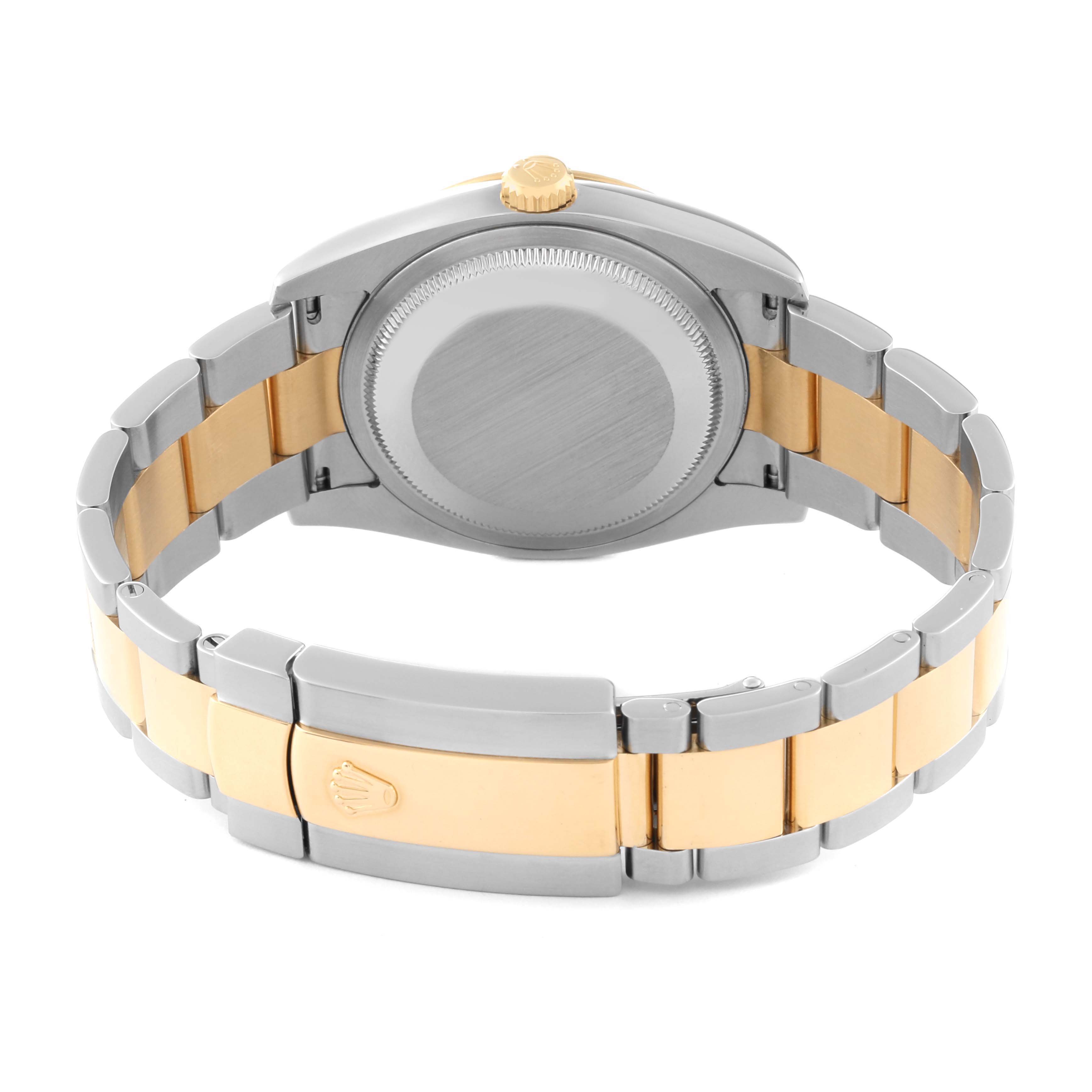 The image shows the back angle of the Rolex Turn-o-Graph 116263 Men's Steel and Gold (two tone) White Dial 116263 Men's Steel and Gold (two tone) White Dial watch, highlighting the clasp and two-tone metal bracelet.