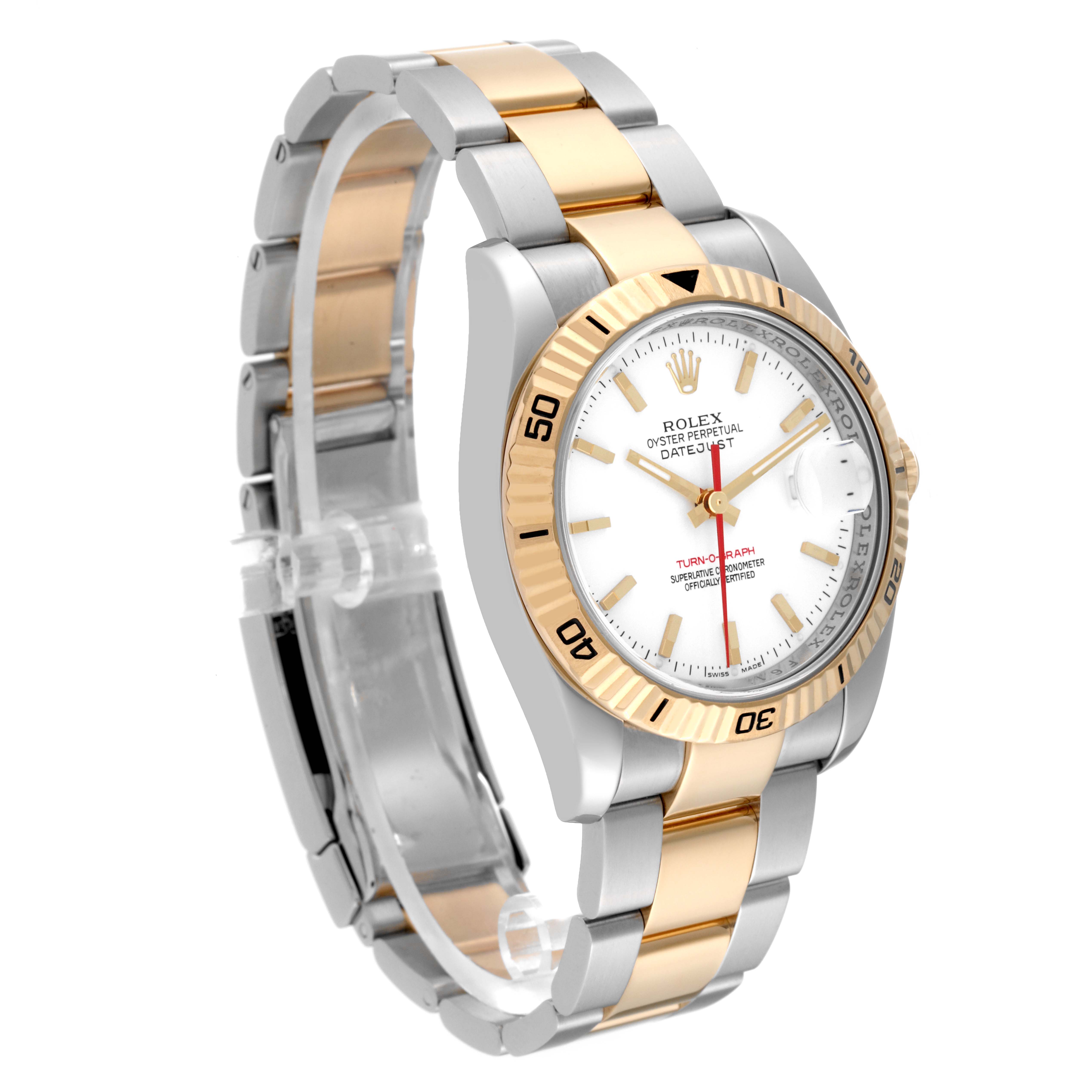 The image shows a Rolex Turn-o-Graph 116263 Men's Steel and Gold (two tone) White Dial 116263 Men's Steel and Gold (two tone) White Dial watch at a slight angle, focusing on the face, bezel, and metal-link bracelet.