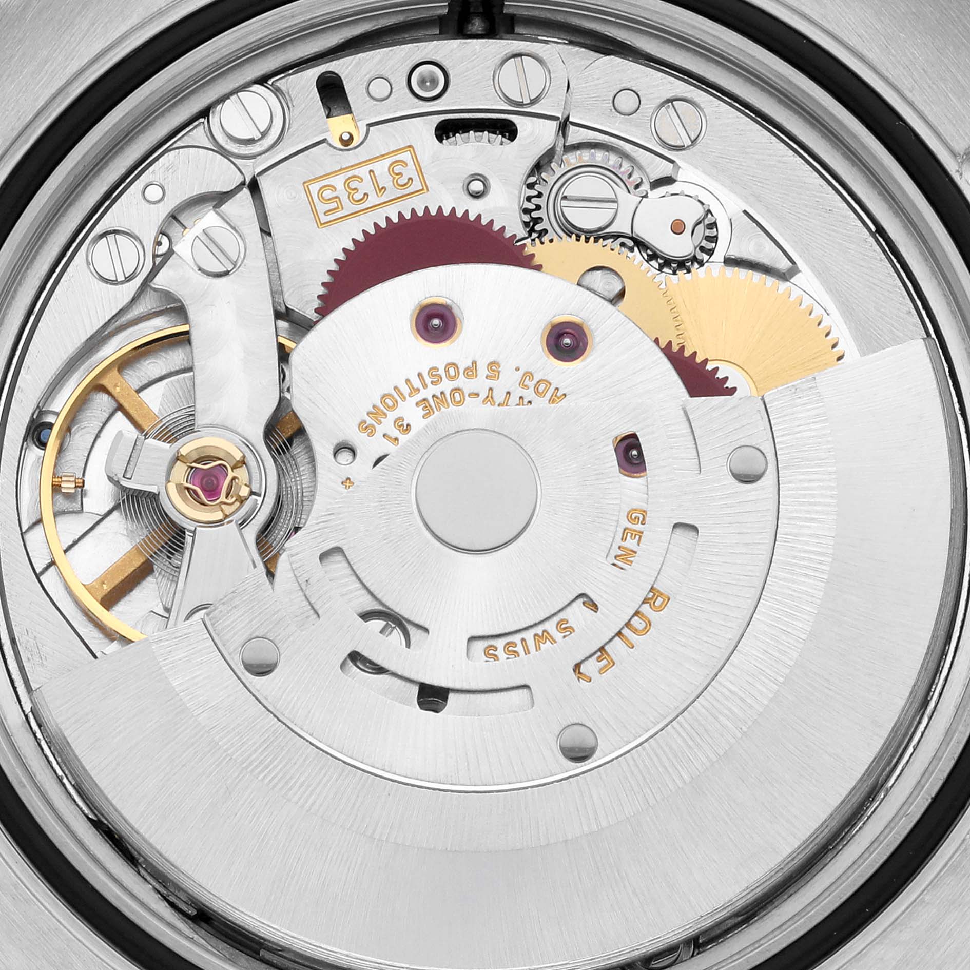 This close-up image shows the intricate internal mechanism of the Rolex Turn-o-Graph 116263 Men's Steel and Gold (two tone) White Dial 116263 Men's Steel and Gold (two tone) White Dial model.