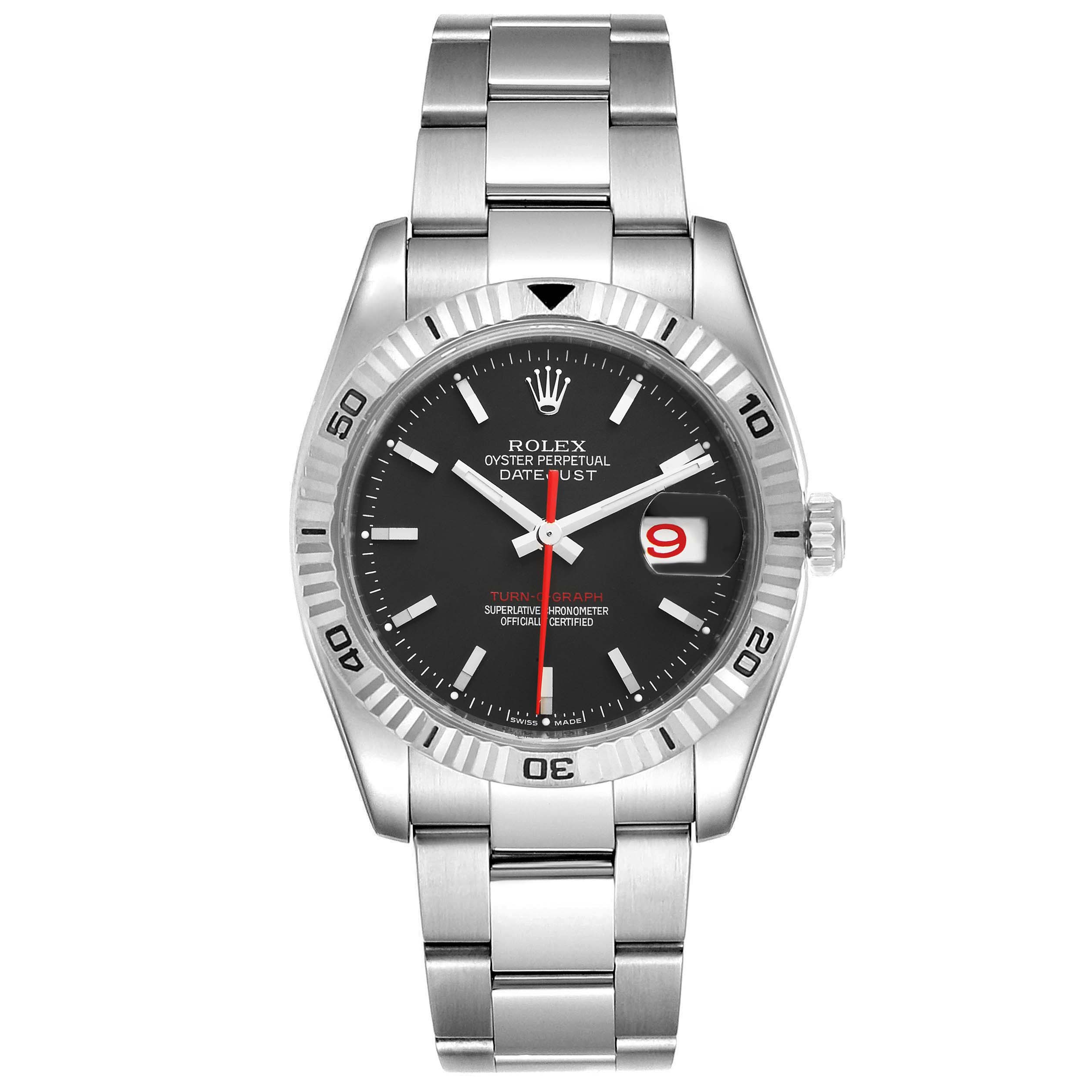 The image shows a front view of the Rolex Turn-o-Graph 116264 Men's Stainless Steel Black Dial 116264 Men's Stainless Steel Black Dial watch, highlighting the dial, bezel, and bracelet.