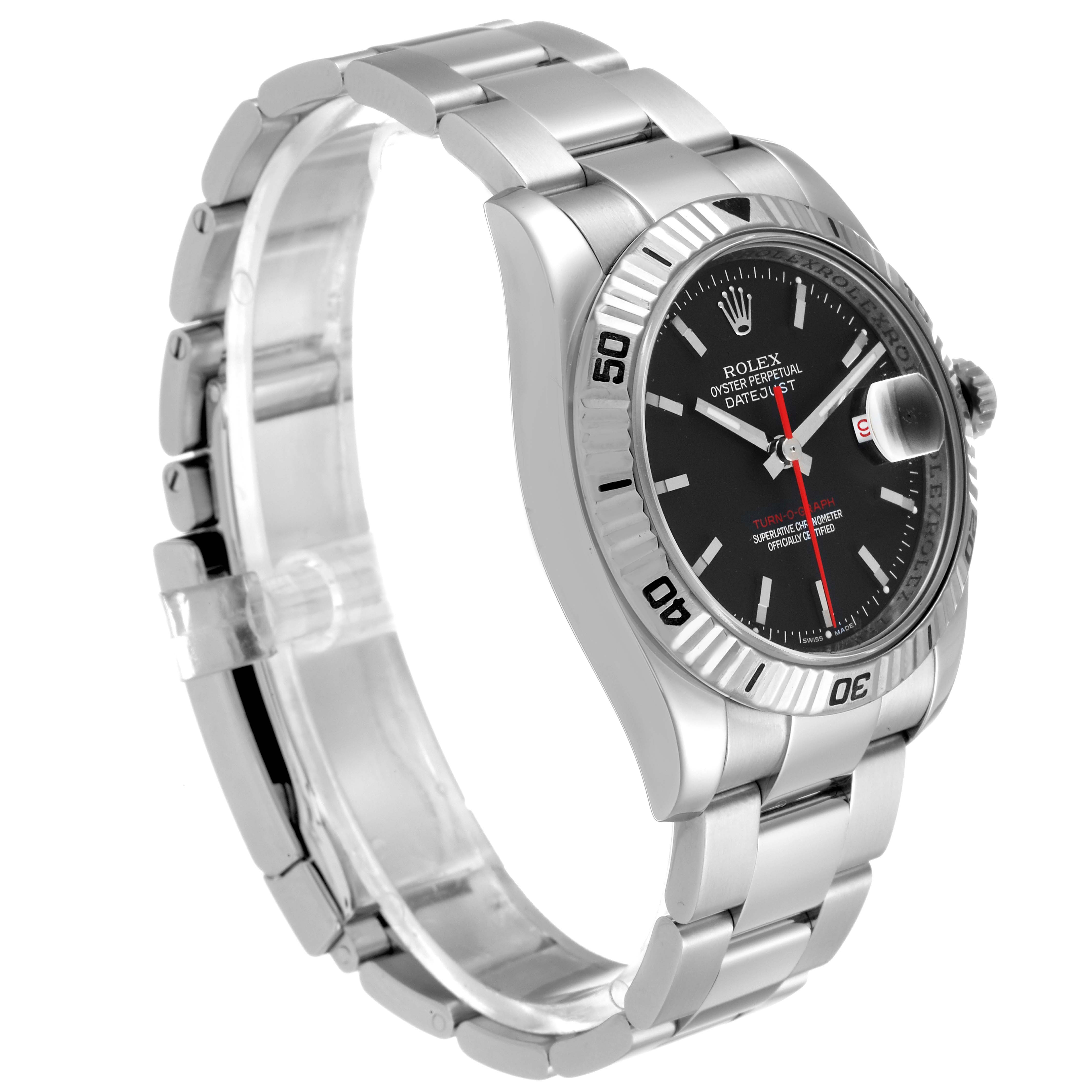 The Rolex Turn-o-Graph 116264 Men's Stainless Steel Black Dial 116264 Men's Stainless Steel Black Dial watch is shown at a slight angle, displaying its face, bezel, crown, and a portion of its bracelet.