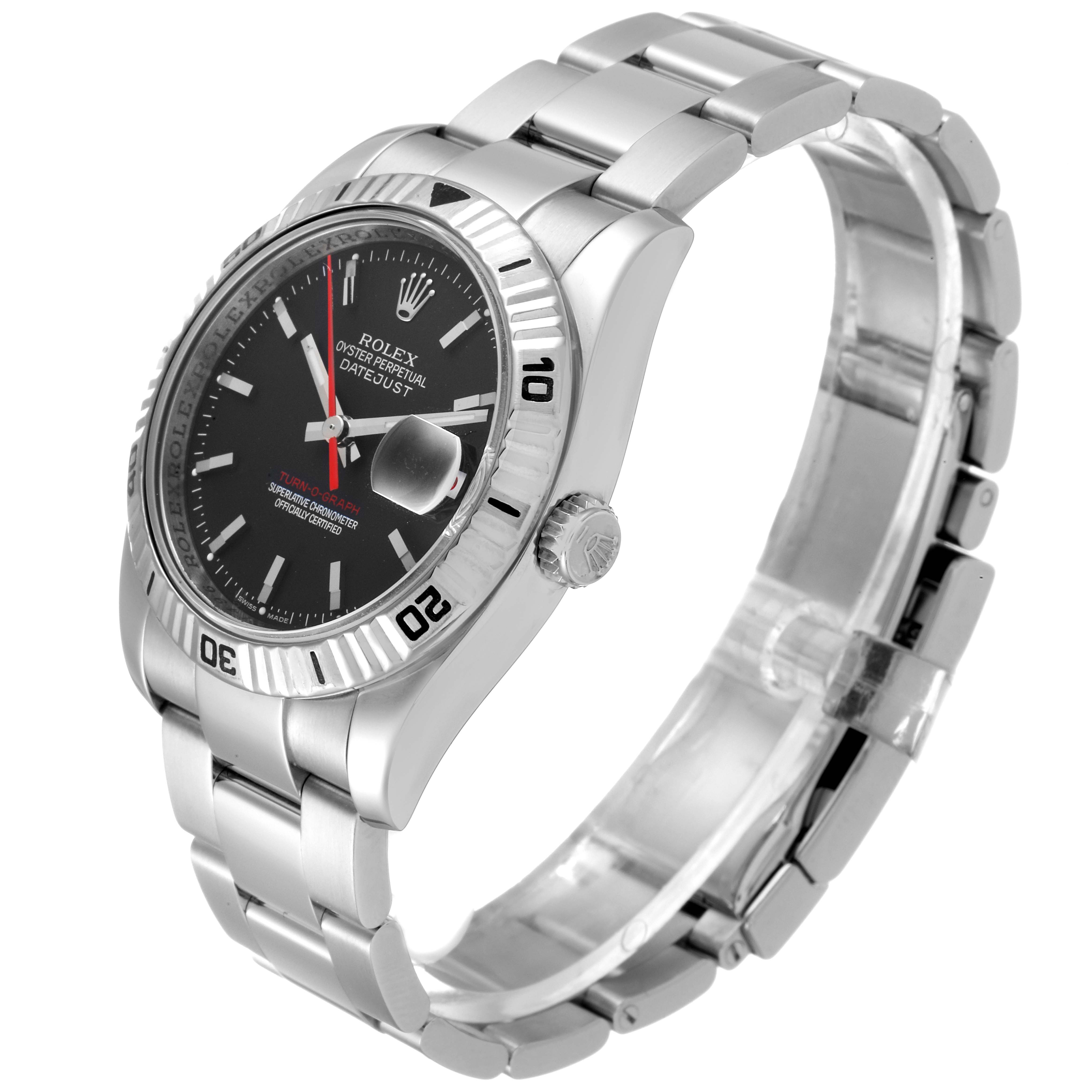 The image shows a close-up, angled view of the Rolex Turn-o-Graph 116264 Men's Stainless Steel Black Dial 116264 Men's Stainless Steel Black Dial watch, highlighting its dial, bezel, crown, and metal bracelet.
