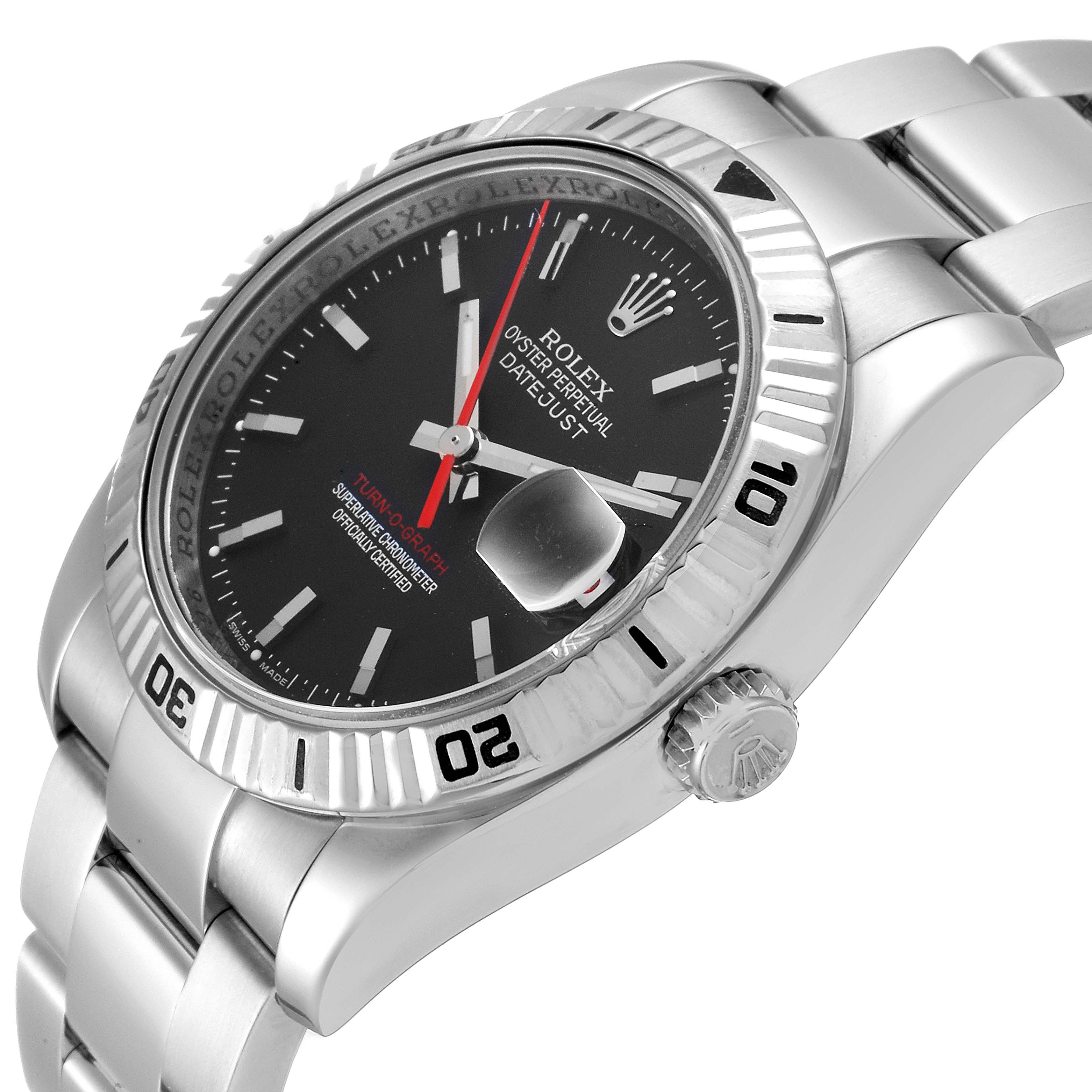 The image shows a side angle of the Rolex Turn-o-Graph 116264 Men's Stainless Steel Black Dial 116264 Men's Stainless Steel Black Dial watch, highlighting the bezel, crown, and part of the bracelet.