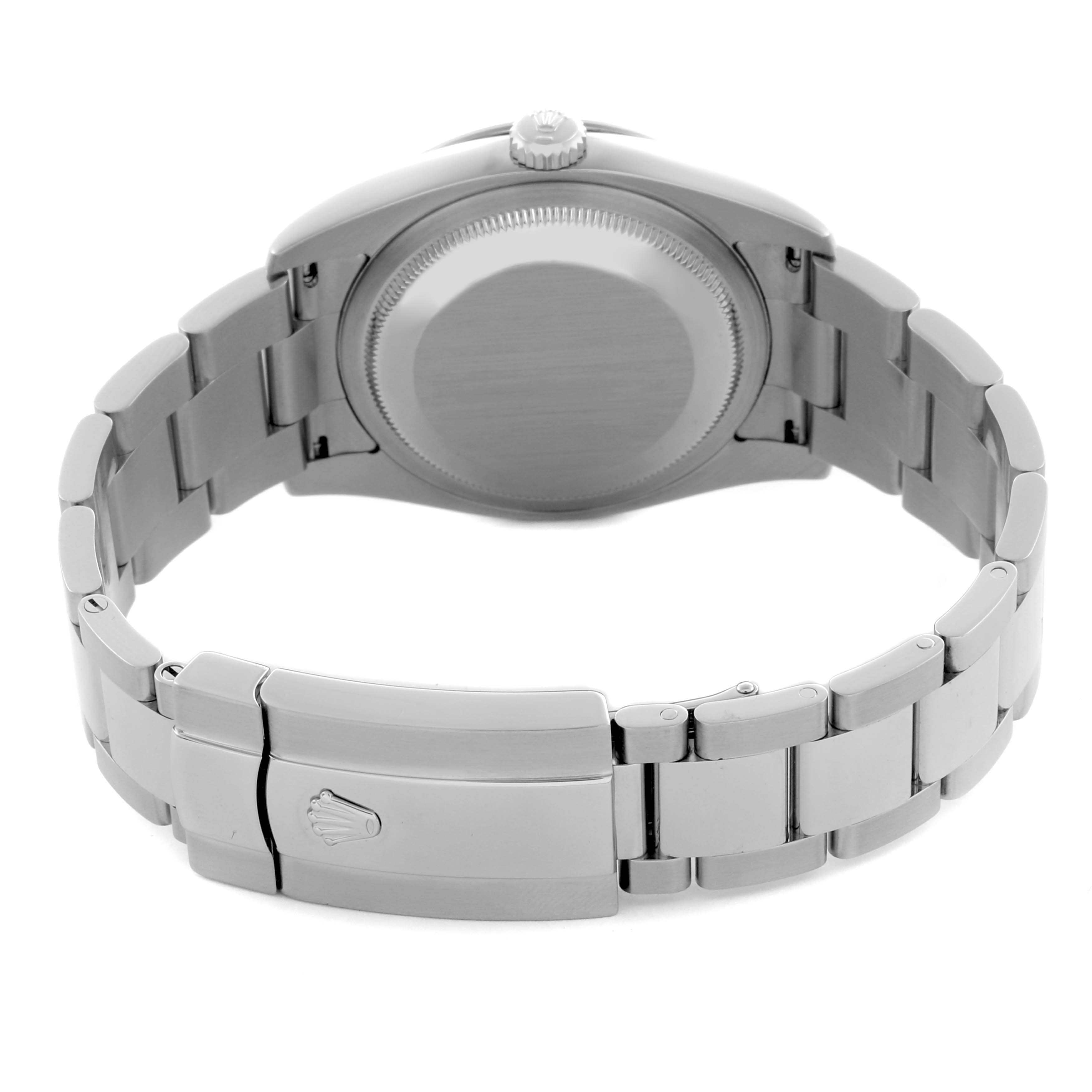 The image shows the back of a Rolex Turn-o-Graph 116264 Men
s Stainless Steel Blue Dial 116264 Men
s Stainless Steel Blue Dial watch, detailing the case back and bracelet clasp.