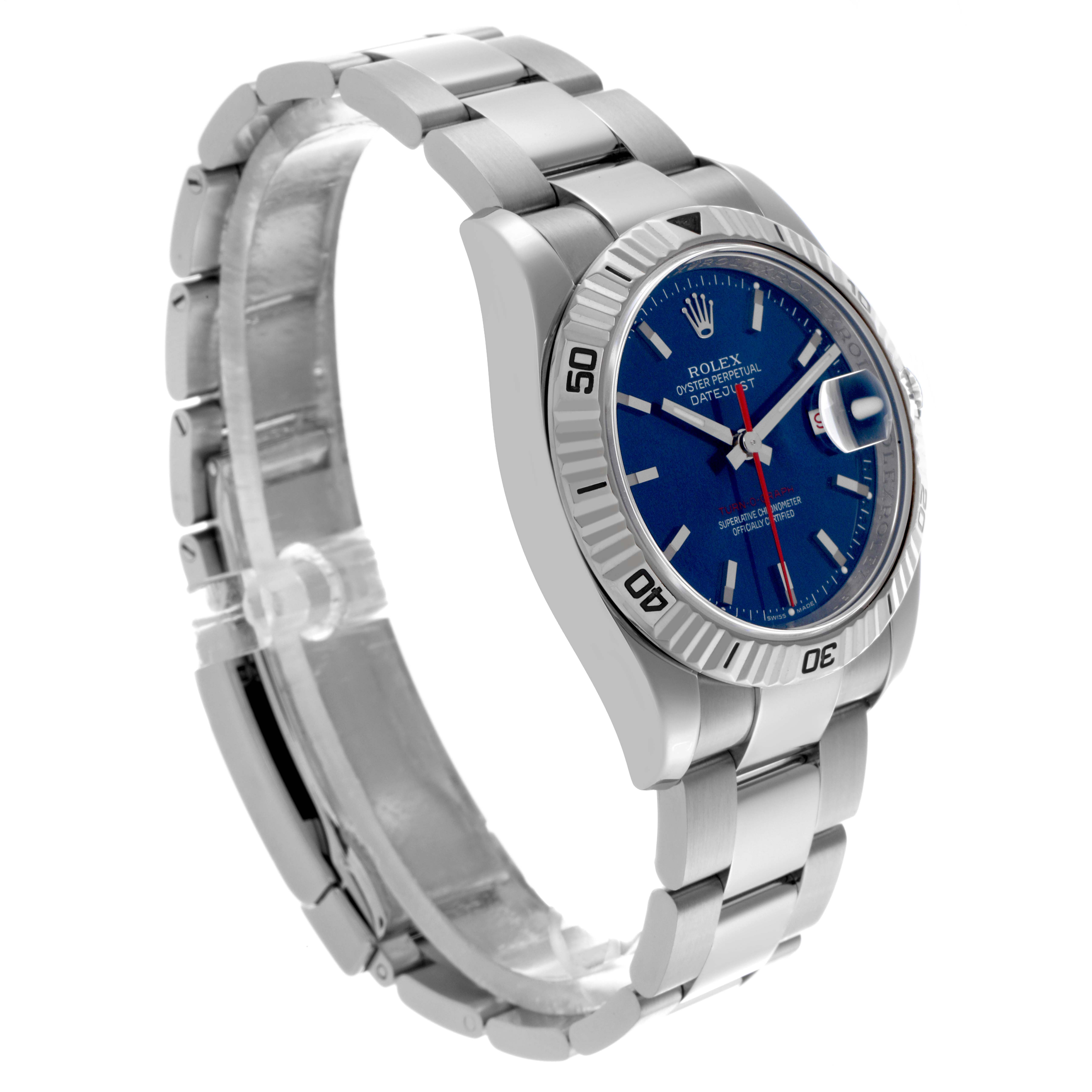 The Rolex Turn-o-Graph 116264 Men
s Stainless Steel Blue Dial 116264 Men
s Stainless Steel Blue Dial watch is shown from a side angle, displaying the bracelet, bezel, blue dial, and crown.