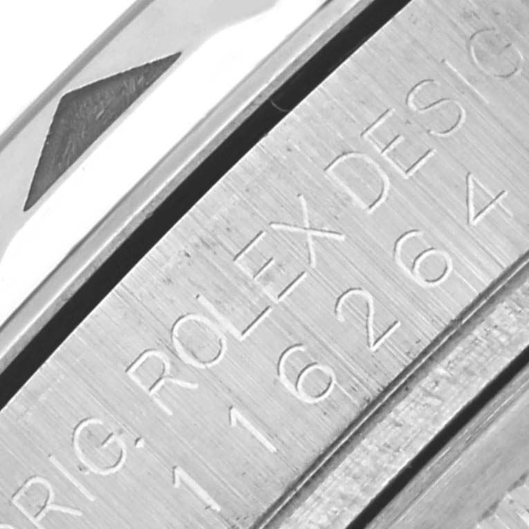 The image shows a close-up of the watch case side and engraved details on a Rolex Turn-o-Graph 116264 Men
s Stainless Steel Blue Dial 116264 Men
s Stainless Steel Blue Dial.