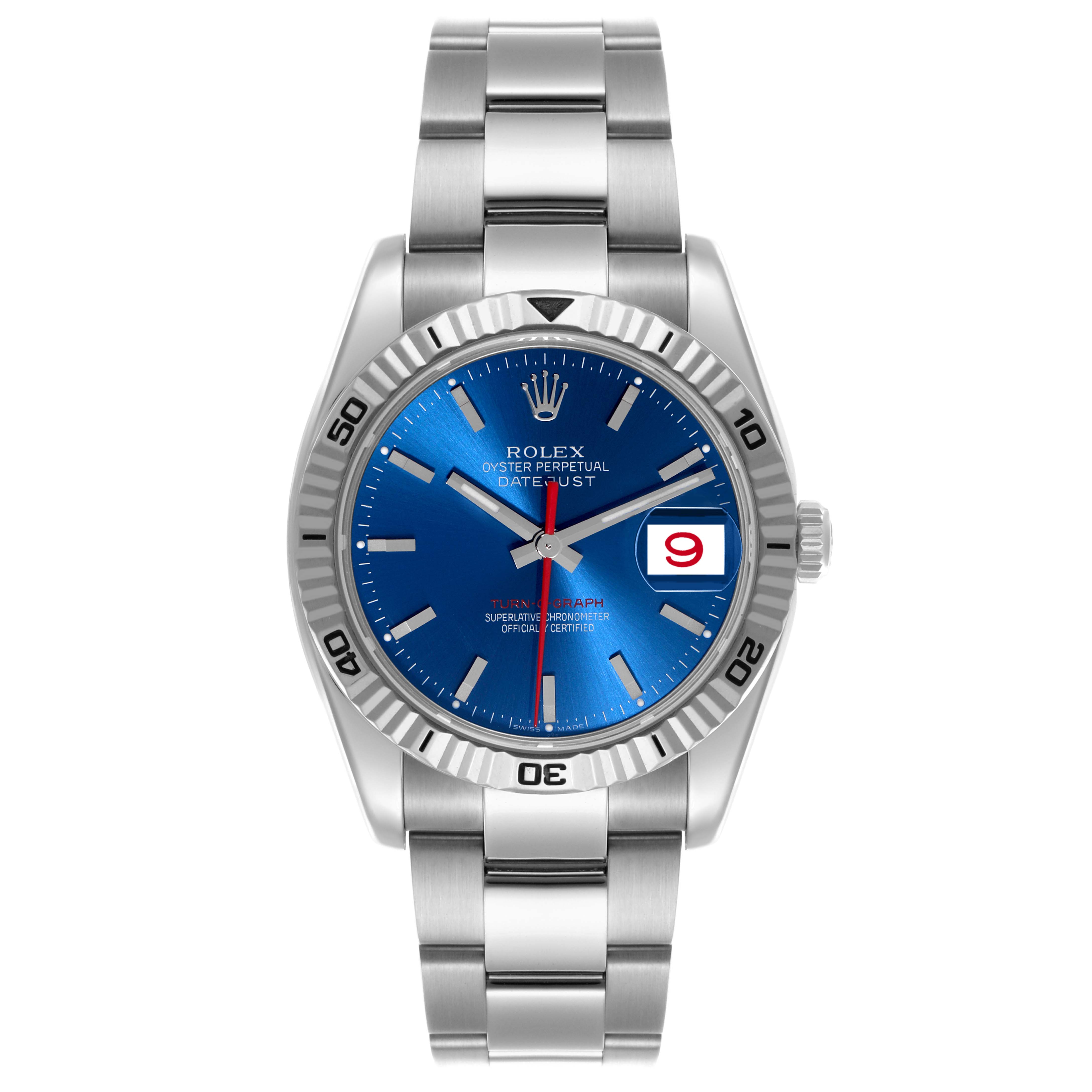 The Rolex Turn-o-Graph 116264 Men
s Stainless Steel Blue Dial 116264 Men
s Stainless Steel Blue Dial watch is displayed from a front angle, showing its face, bezel, bracelet, and date window clearly.
