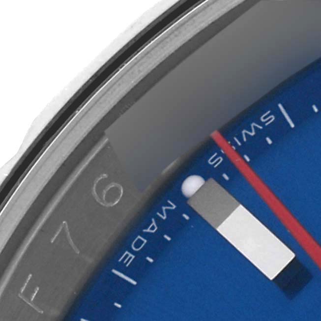 The image shows a close-up of the Rolex Turn-o-Graph 116264 Men
s Stainless Steel Blue Dial 116264 Men
s Stainless Steel Blue Dial watch, highlighting part of the dial, bezel, and hour markers.