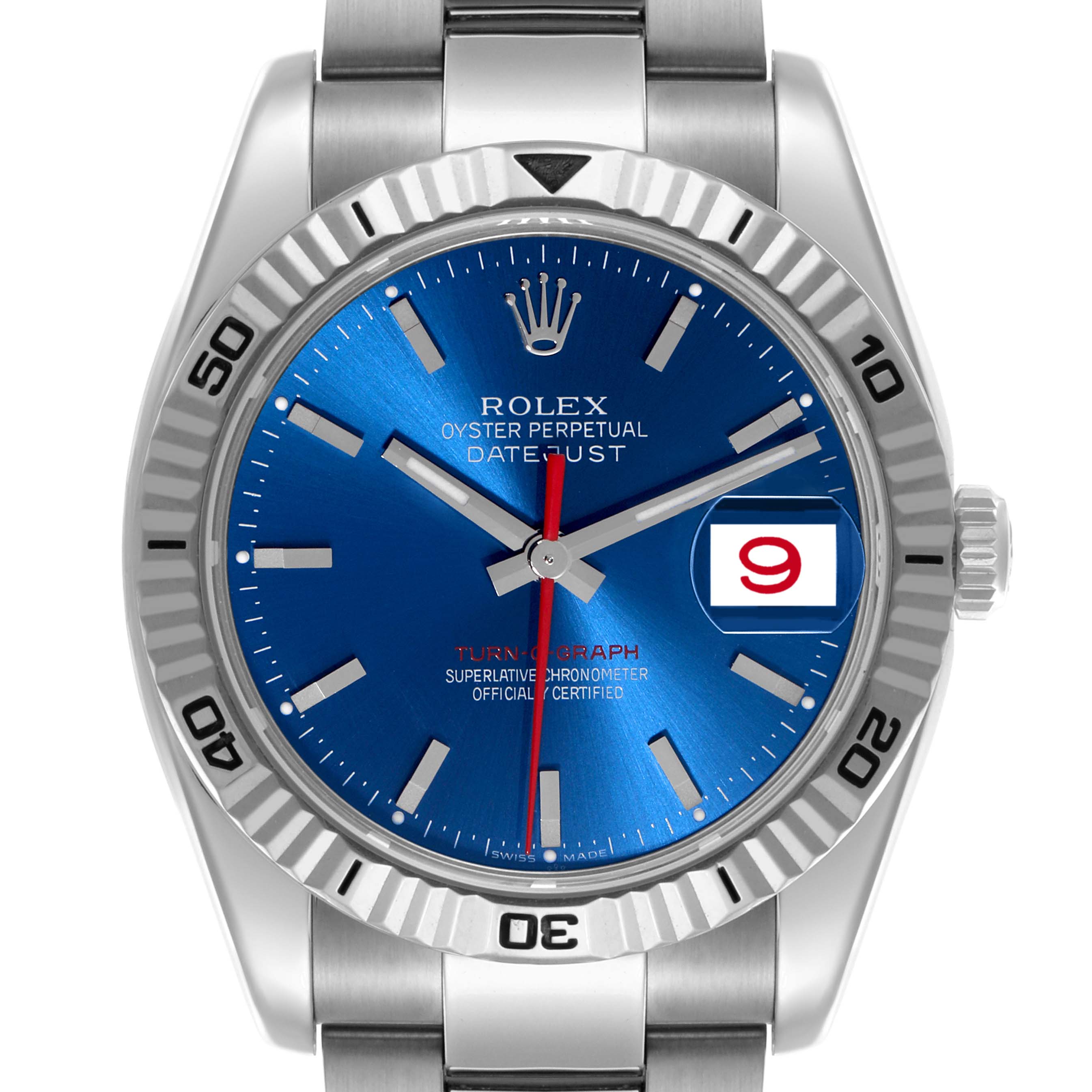 The image shows a front view of the Rolex Turn-o-Graph 116264 Men
s Stainless Steel Blue Dial 116264 Men
s Stainless Steel Blue Dial watch, highlighting its blue dial, bezel, and bracelet.