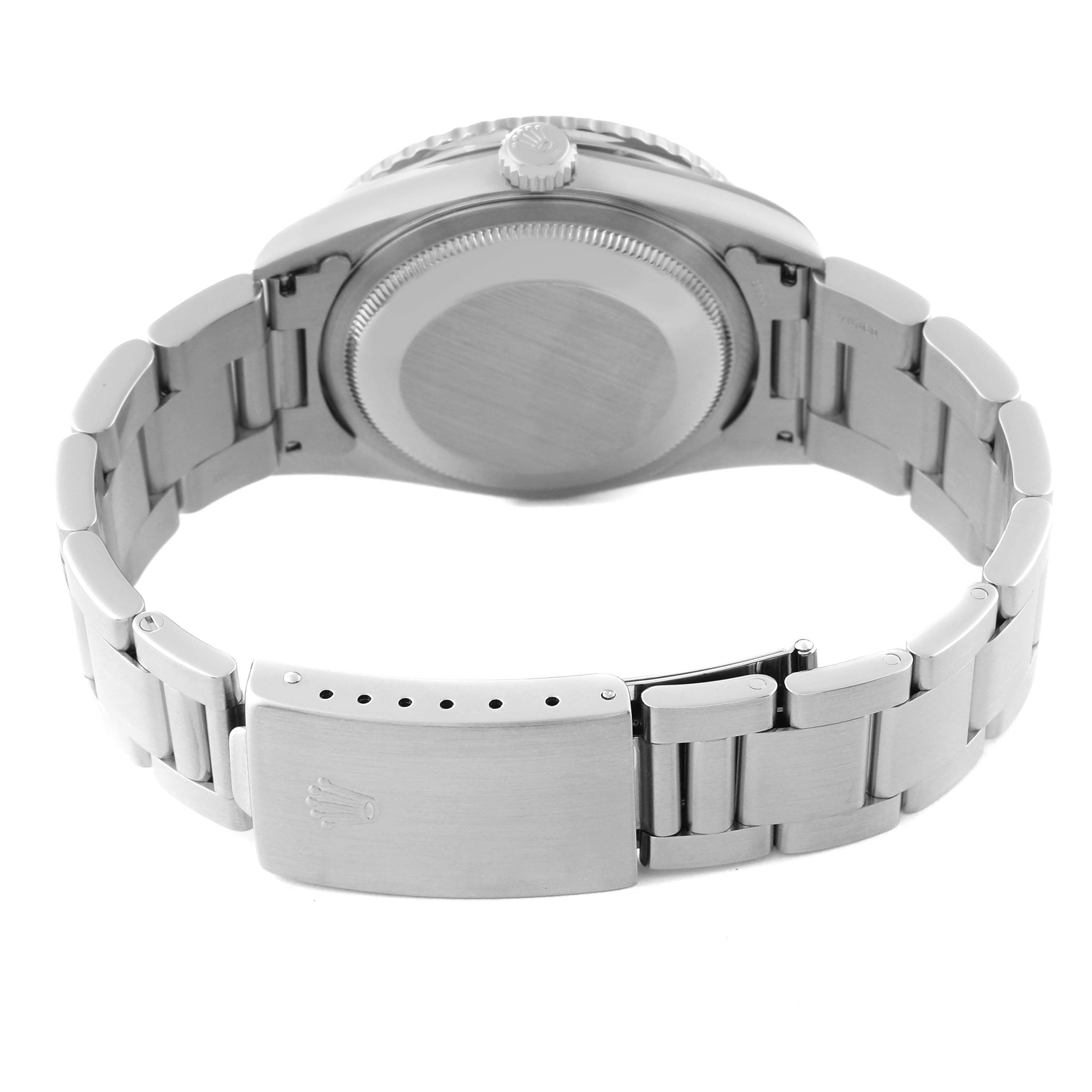 The image shows the backside of a Rolex Turn-o-Graph 16264 Men's Stainless Steel Black Dial 16264 Men's Stainless Steel Black Dial watch, focusing on the bracelet, clasp, and case back.