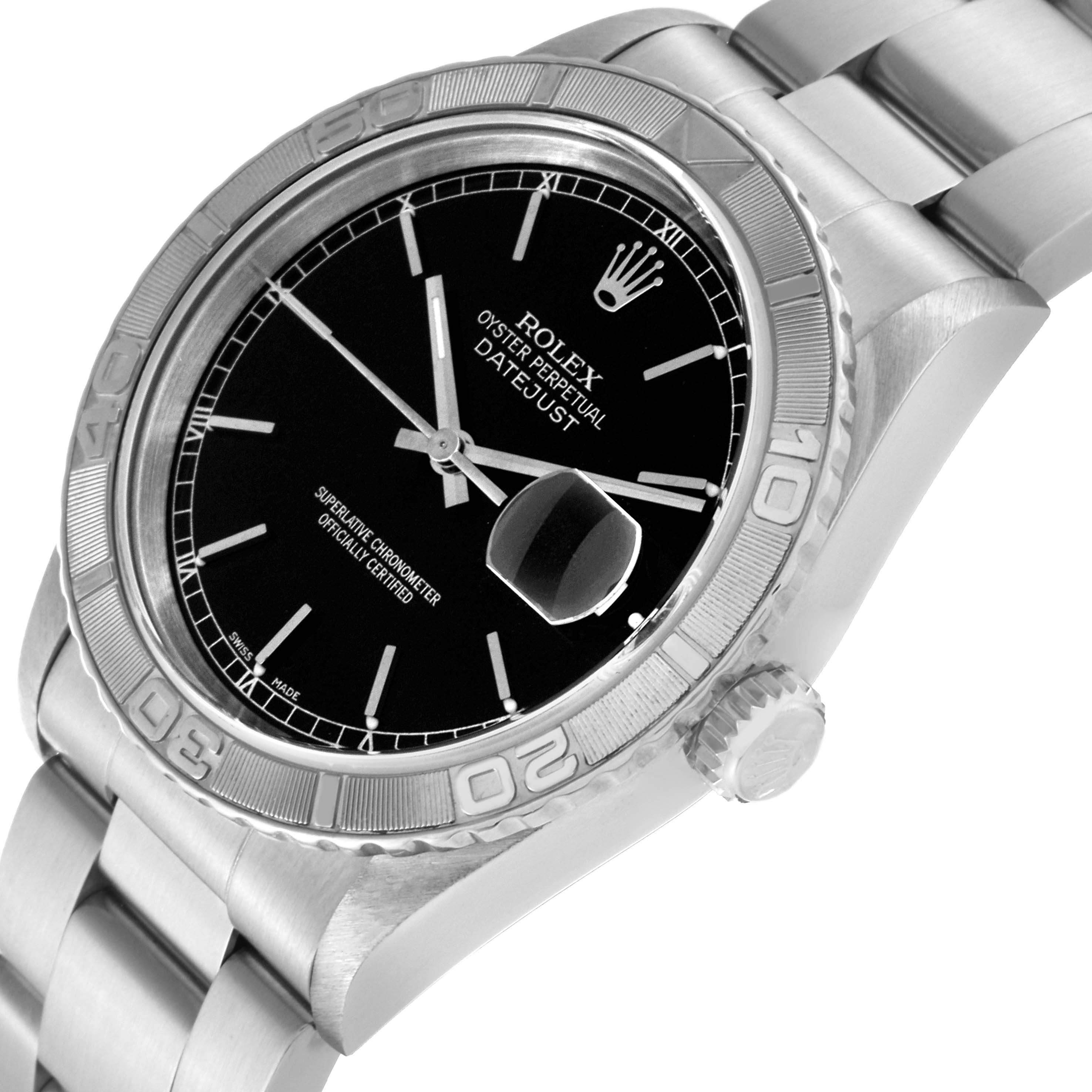 The image shows the dial, bezel, crown, and bracelet of a Rolex Turn-o-Graph 16264 Men's Stainless Steel Black Dial 16264 Men's Stainless Steel Black Dial model at a slight side angle.