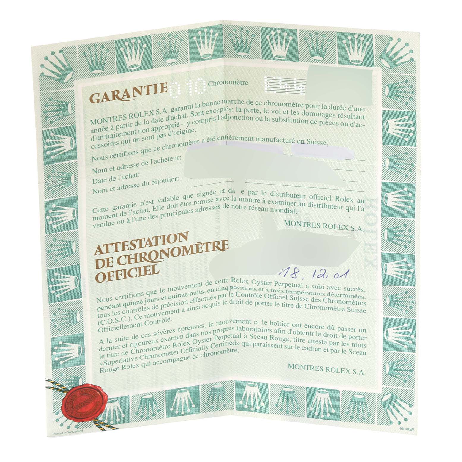 The image shows the warranty and chronometer certification document of a Rolex Turn-o-Graph 16264 Men's Stainless Steel Black Dial 16264 Men's Stainless Steel Black Dial watch.