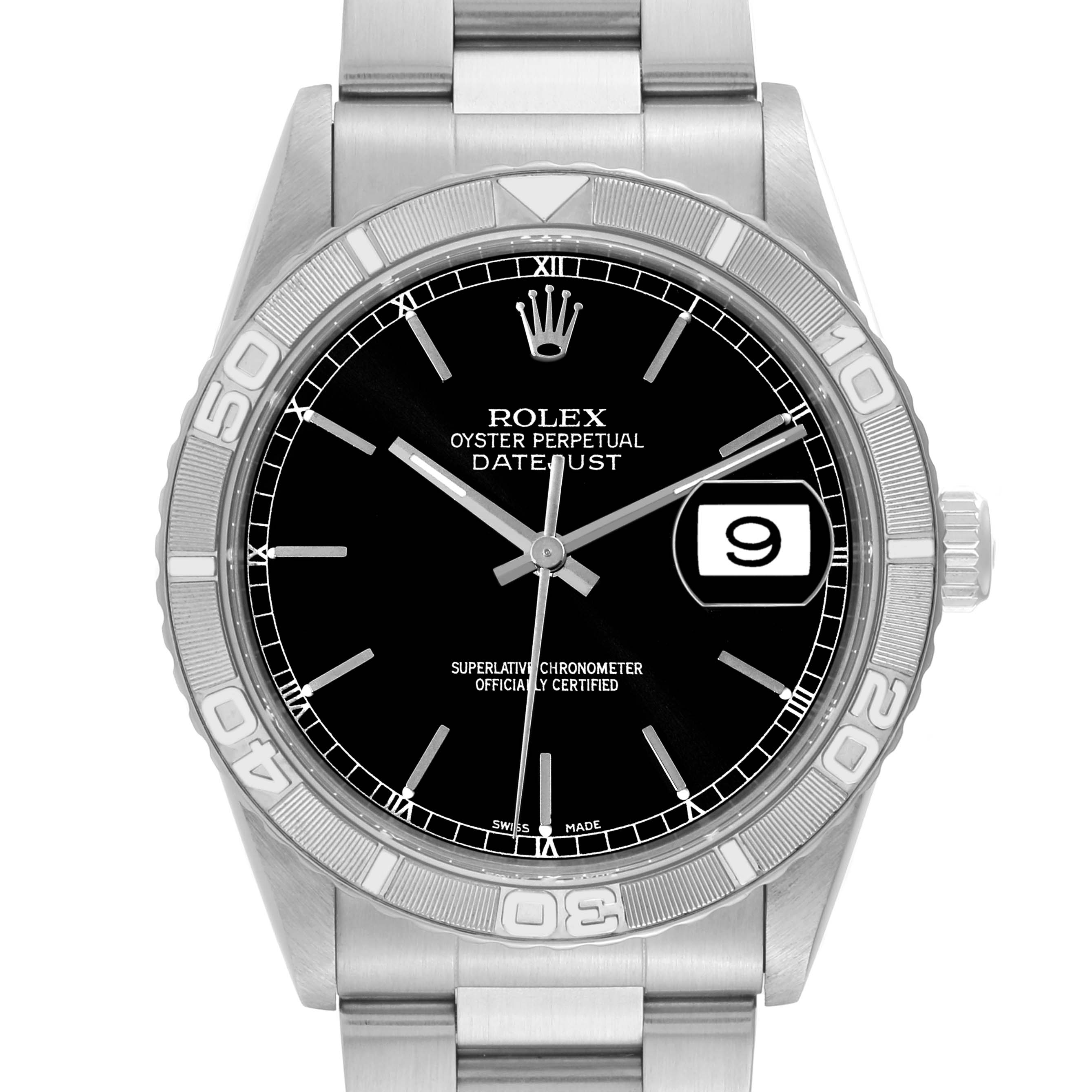 This image shows a front view of a Rolex Turn-o-Graph 16264 Men's Stainless Steel Black Dial 16264 Men's Stainless Steel Black Dial watch, revealing the face, bezel, hands, date, and part of the bracelet.