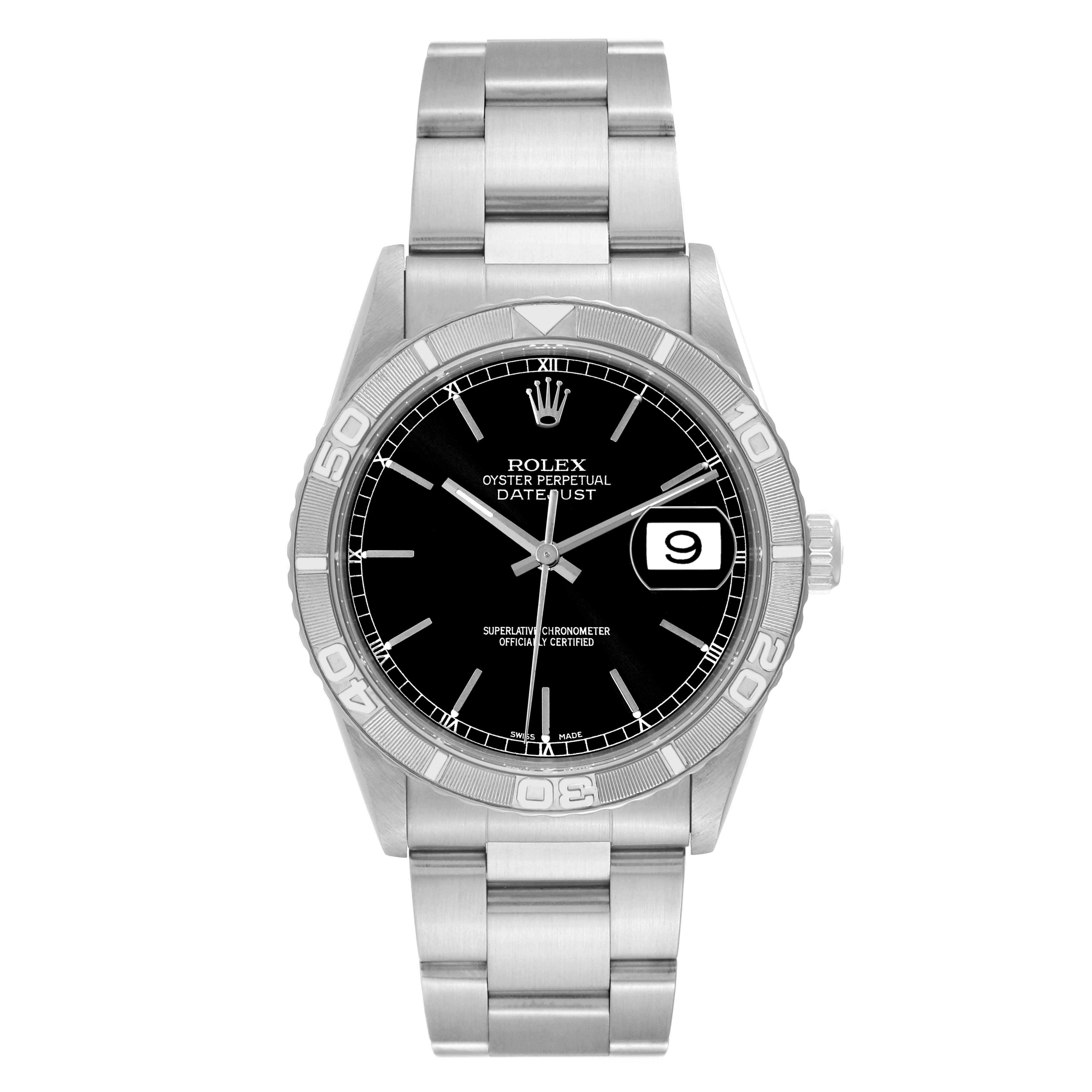 The image shows a front view of the Rolex Turn-o-Graph 16264 Men's Stainless Steel Black Dial 16264 Men's Stainless Steel Black Dial watch, displaying the face, bezel, bracelet, and crown.