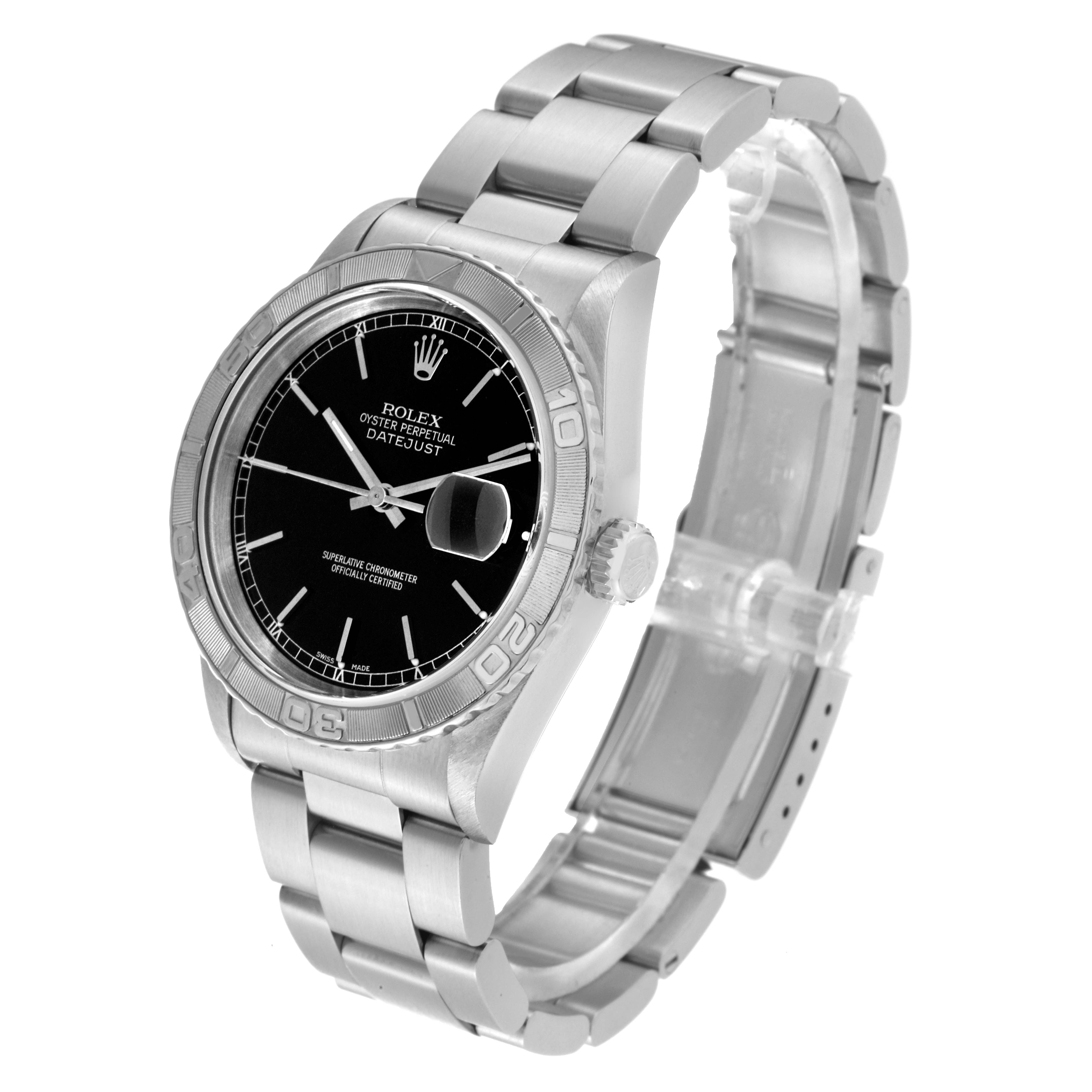 The Rolex Turn-o-Graph 16264 Men's Stainless Steel Black Dial 16264 Men's Stainless Steel Black Dial watch is shown at a three-quarter angle, displaying the dial, bezel, bracelet, and clasp.