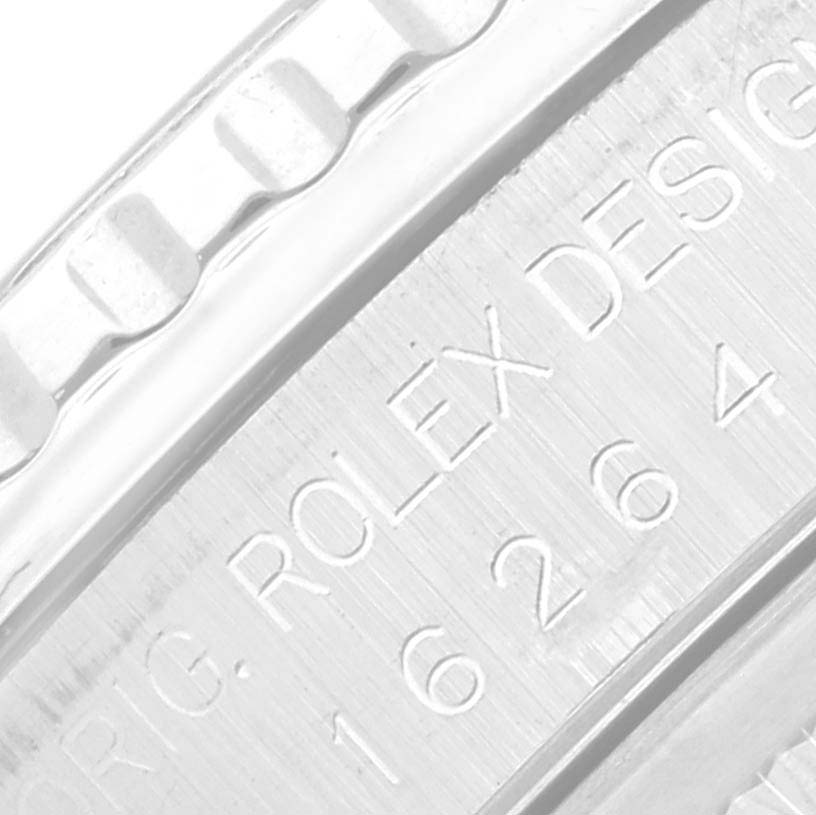 The image shows a close-up of the bezel and case with engraved text on a Rolex Turn-o-Graph 16264 Men's Stainless Steel Black Dial 16264 Men's Stainless Steel Black Dial watch.