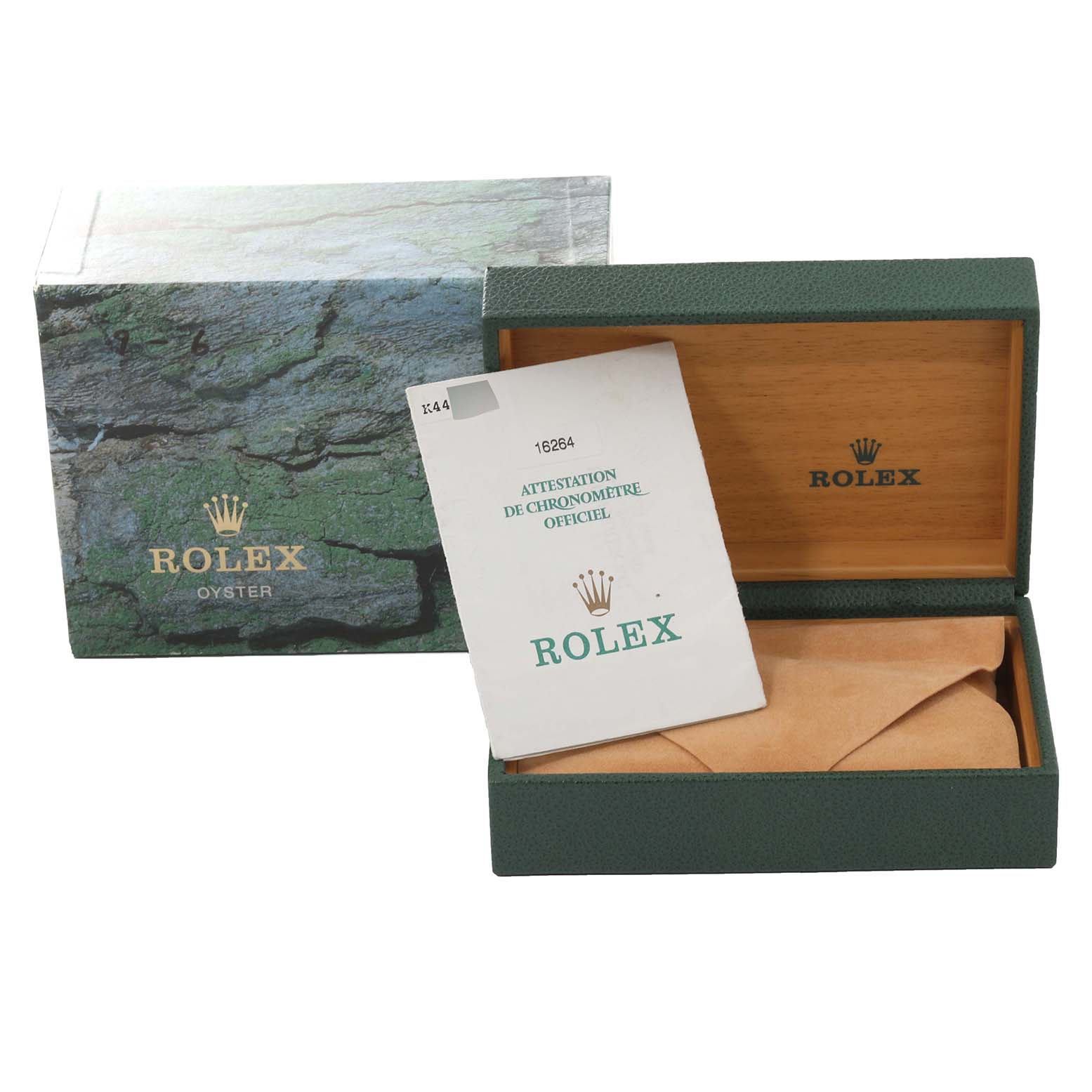 The image shows the packaging and certification booklet for the Rolex Turn-o-Graph 16264 Men's Stainless Steel Black Dial 16264 Men's Stainless Steel Black Dial, including the outer box and inner case.