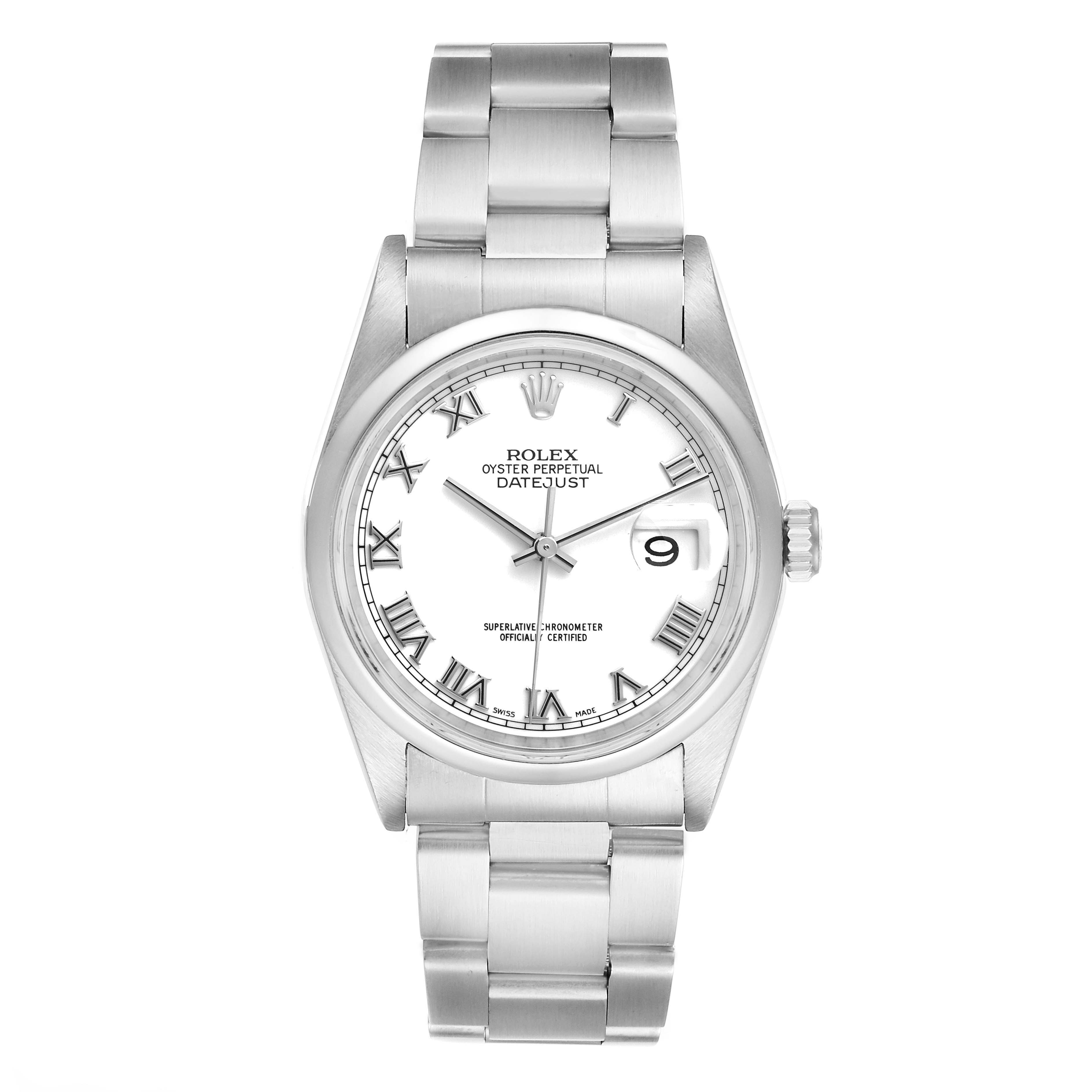 The image shows a front view of a Rolex Datejust 16200 Men's Stainless Steel White Dial 16200 Men's Stainless Steel White Dial watch, featuring the dial, bezel, and bracelet.