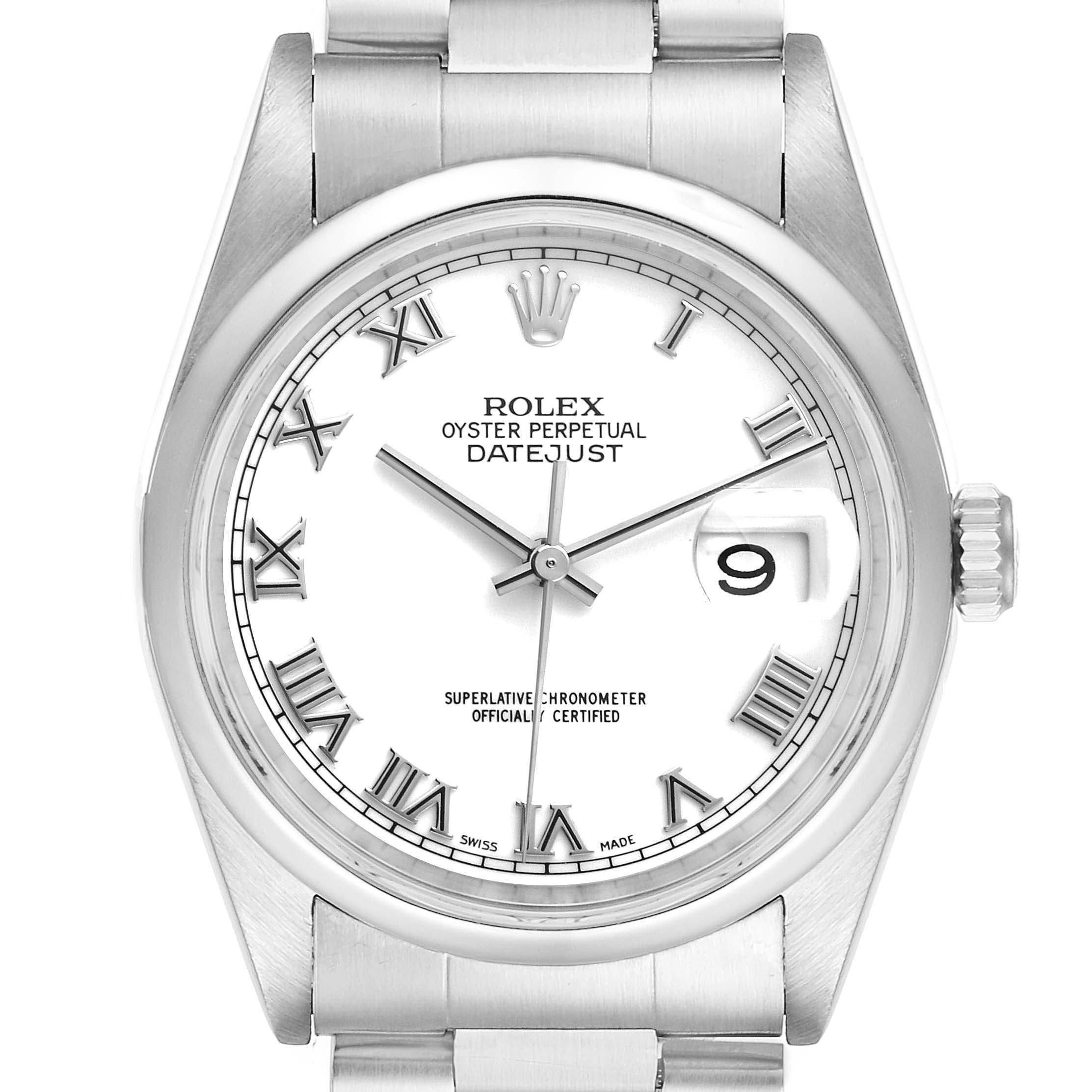 The image shows a front view of the Rolex Datejust 16200 Men's Stainless Steel White Dial 16200 Men's Stainless Steel White Dial watch displaying the dial, bezel, and part of the bracelet.