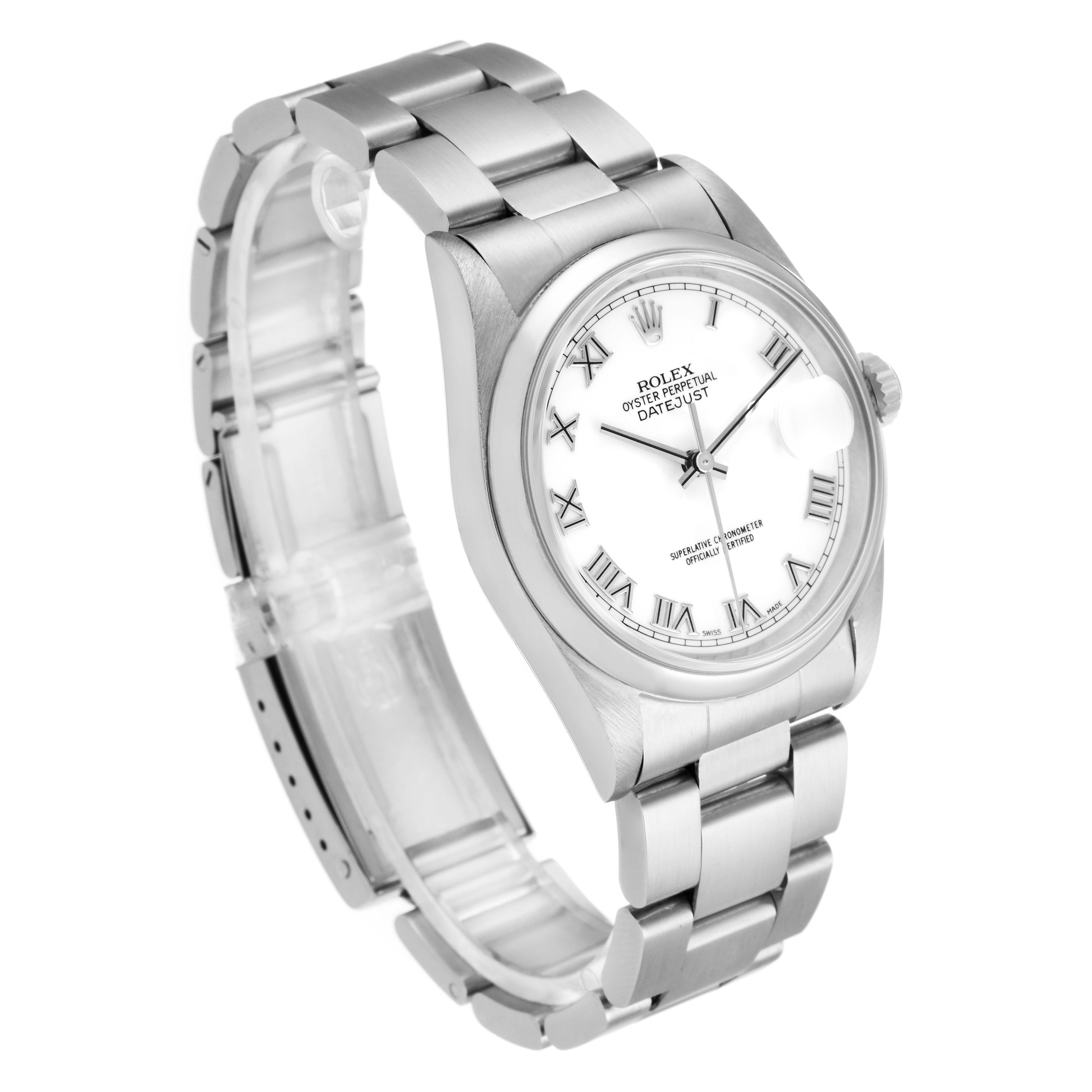 The Rolex Datejust 16200 Men's Stainless Steel White Dial 16200 Men's Stainless Steel White Dial watch is shown at an angle that highlights the face, bezel, and bracelet.