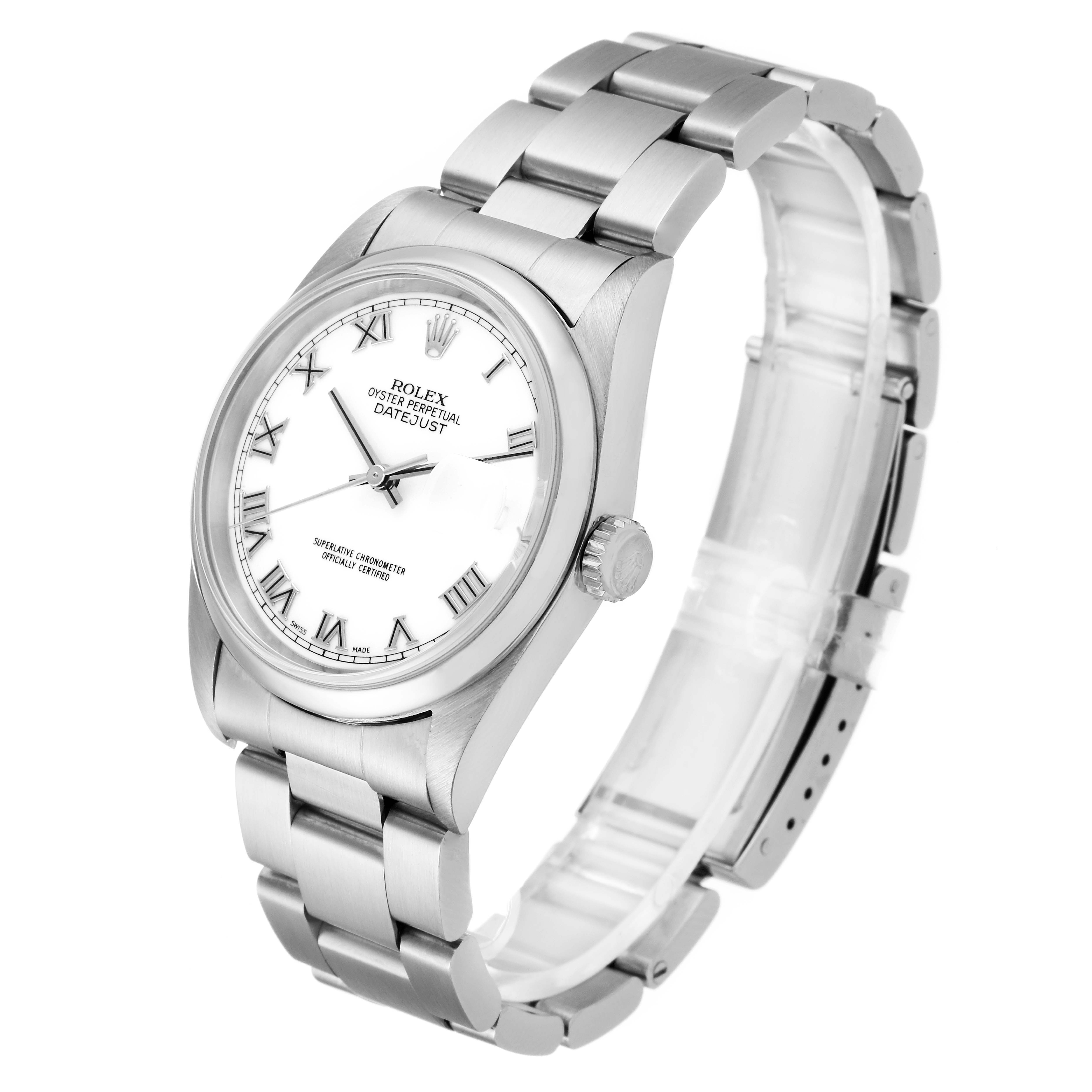 The Rolex Datejust 16200 Men's Stainless Steel White Dial 16200 Men's Stainless Steel White Dial watch is shown at a three-quarter angle, displaying the face, bezel, and bracelet.