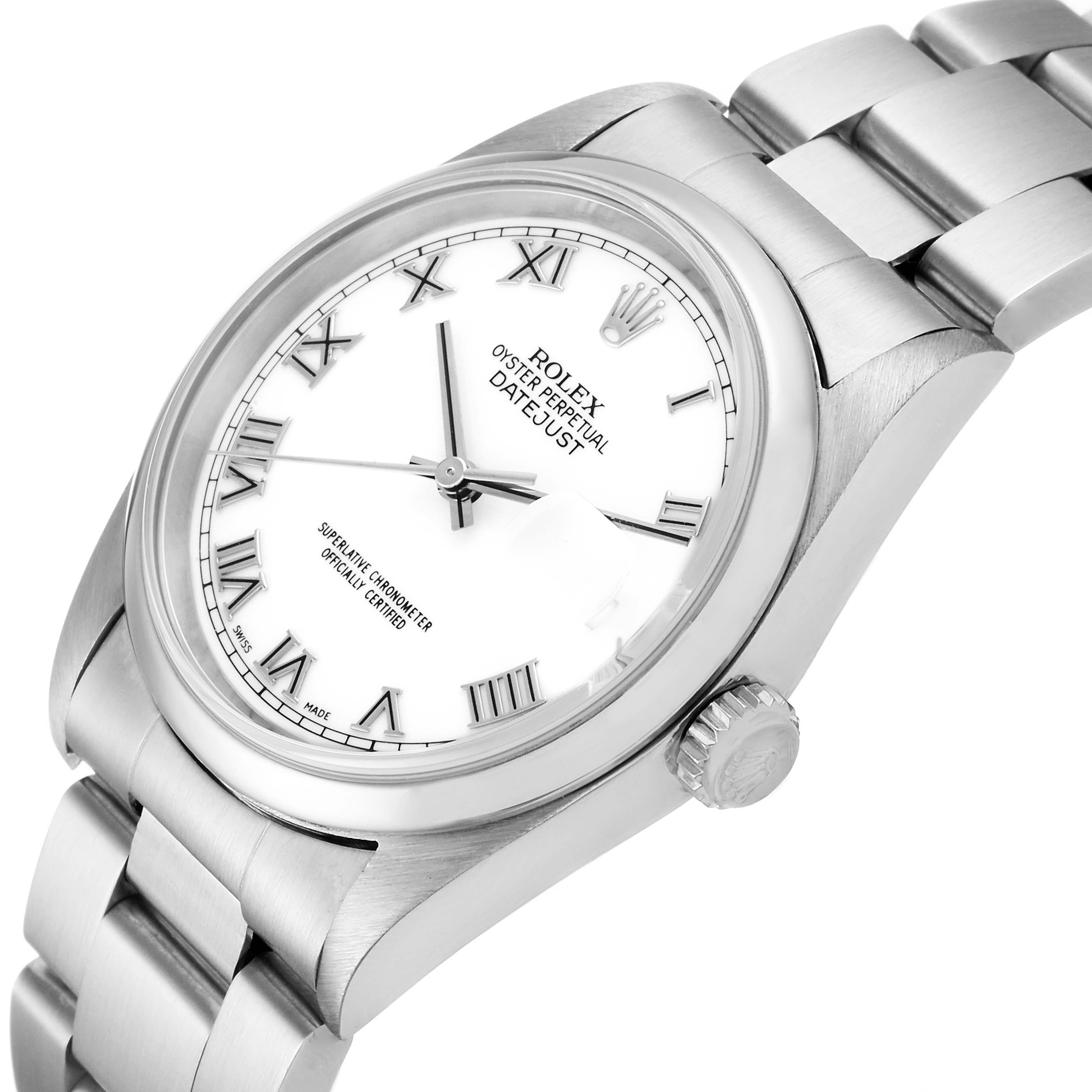 The image shows a close-up angle of a Rolex Datejust 16200 Men's Stainless Steel White Dial 16200 Men's Stainless Steel White Dial watch displaying its face, bezel, crown, and part of the bracelet.