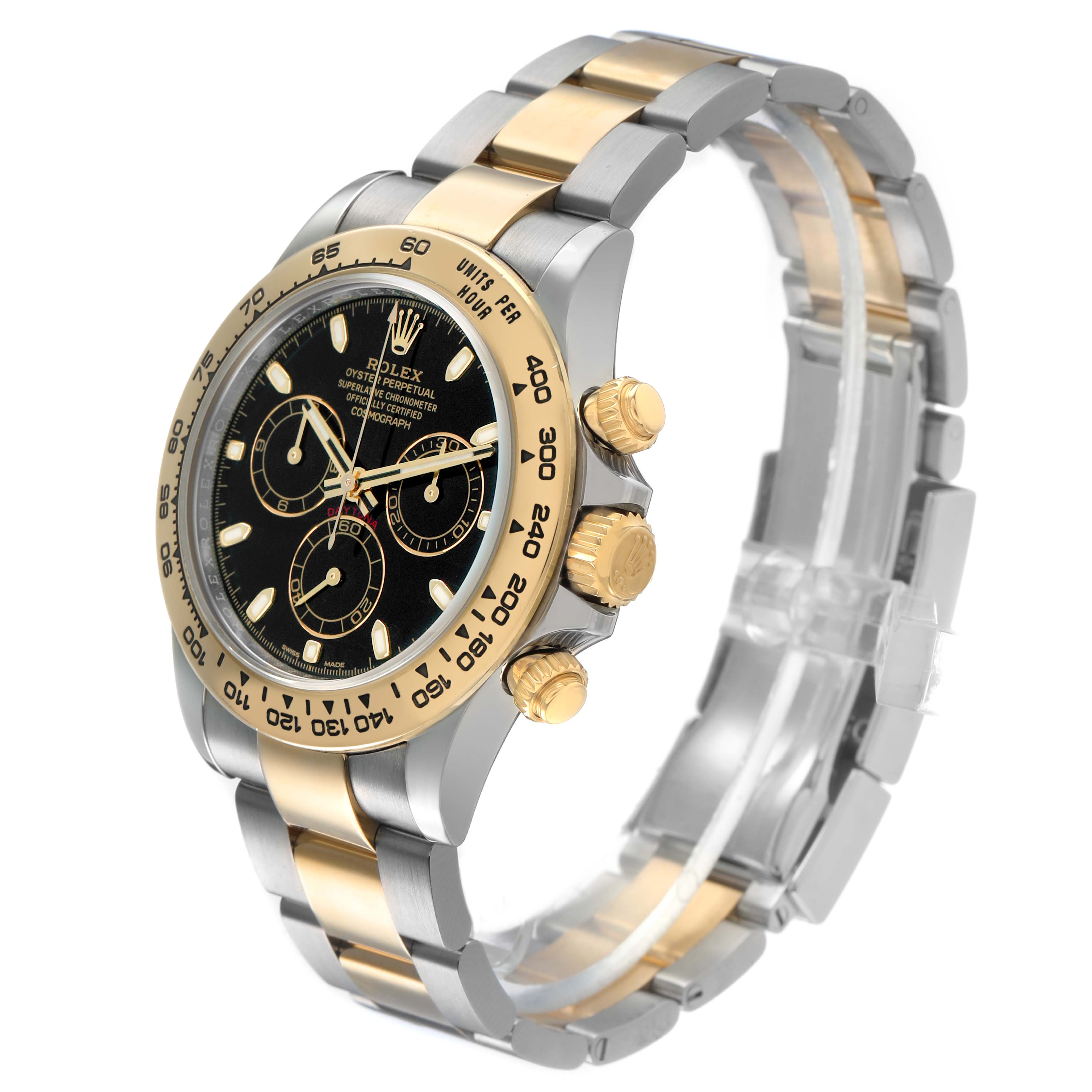 The Rolex Daytona 116503 Men's Steel and Gold (two tone) Black Dial watch is shown at an angled side view, highlighting its bezel, dial, case, and two-tone bracelet.