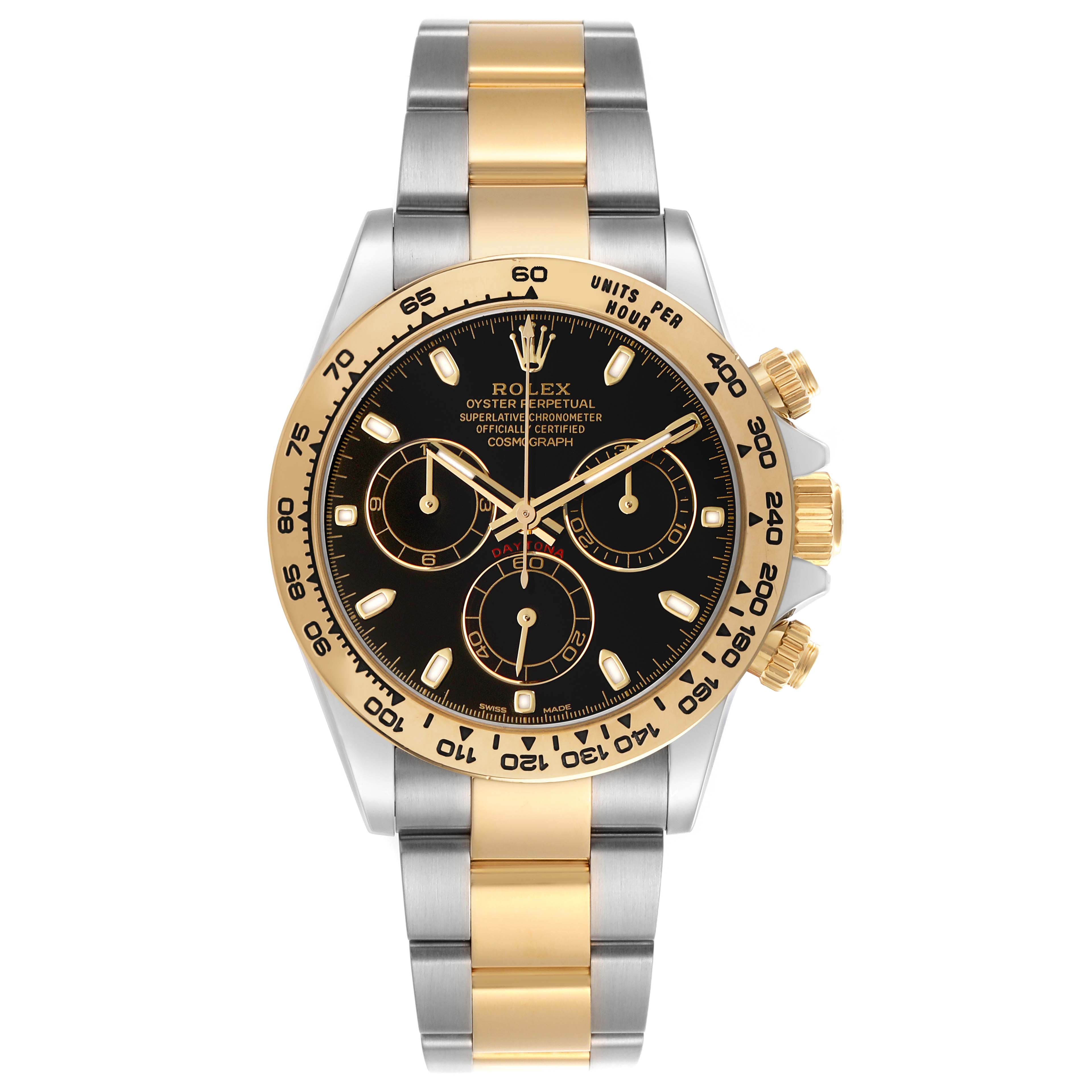The Rolex Daytona 116503 Men's Steel and Gold (two tone) Black Dial watch is shown from a front angle, highlighting its two-tone bracelet, gold bezel, and black dial with subdials.