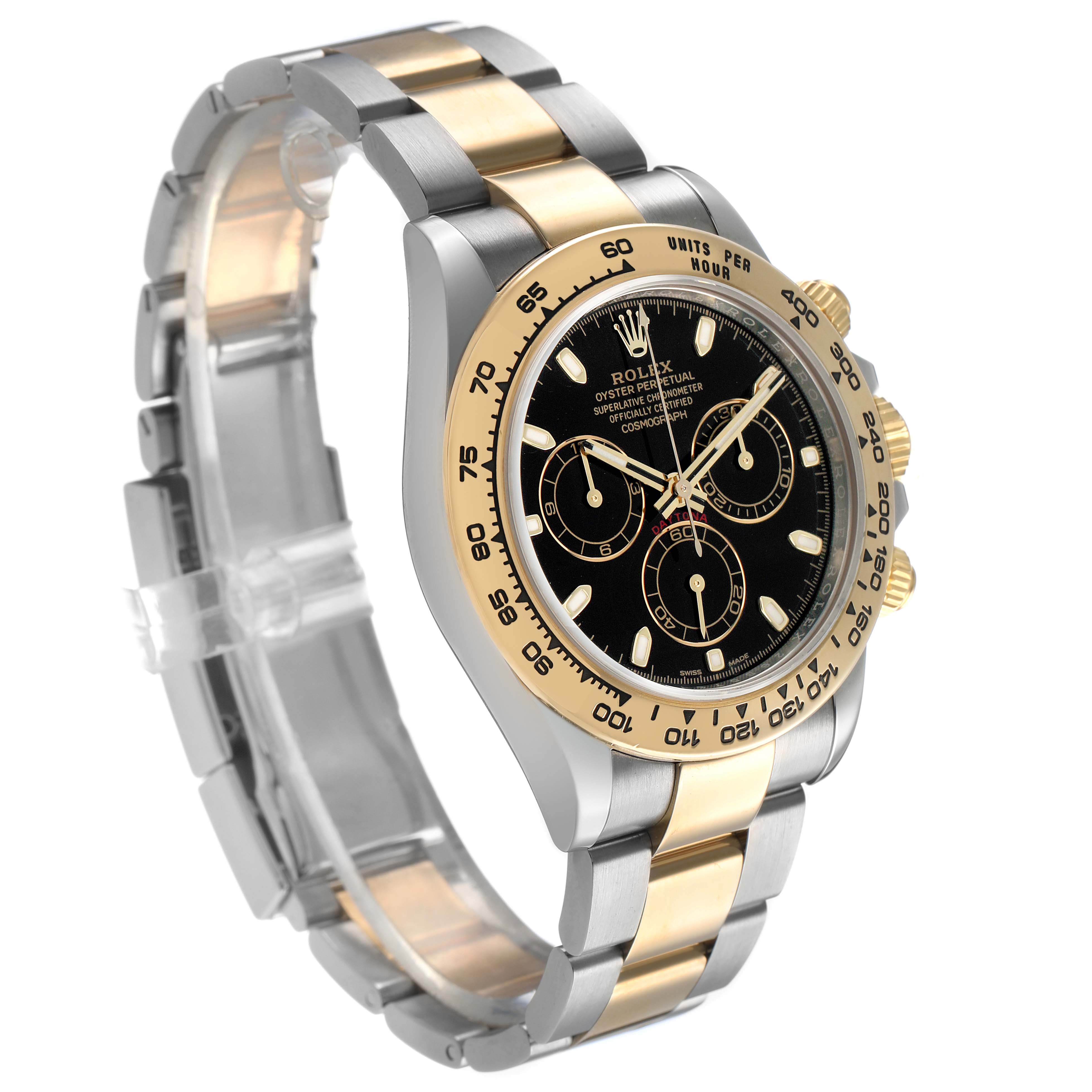 The Rolex Daytona 116503 Men's Steel and Gold (two tone) Black Dial watch is shown at a three-quarter angle, highlighting its two-tone metal bracelet and black dial with subdials.