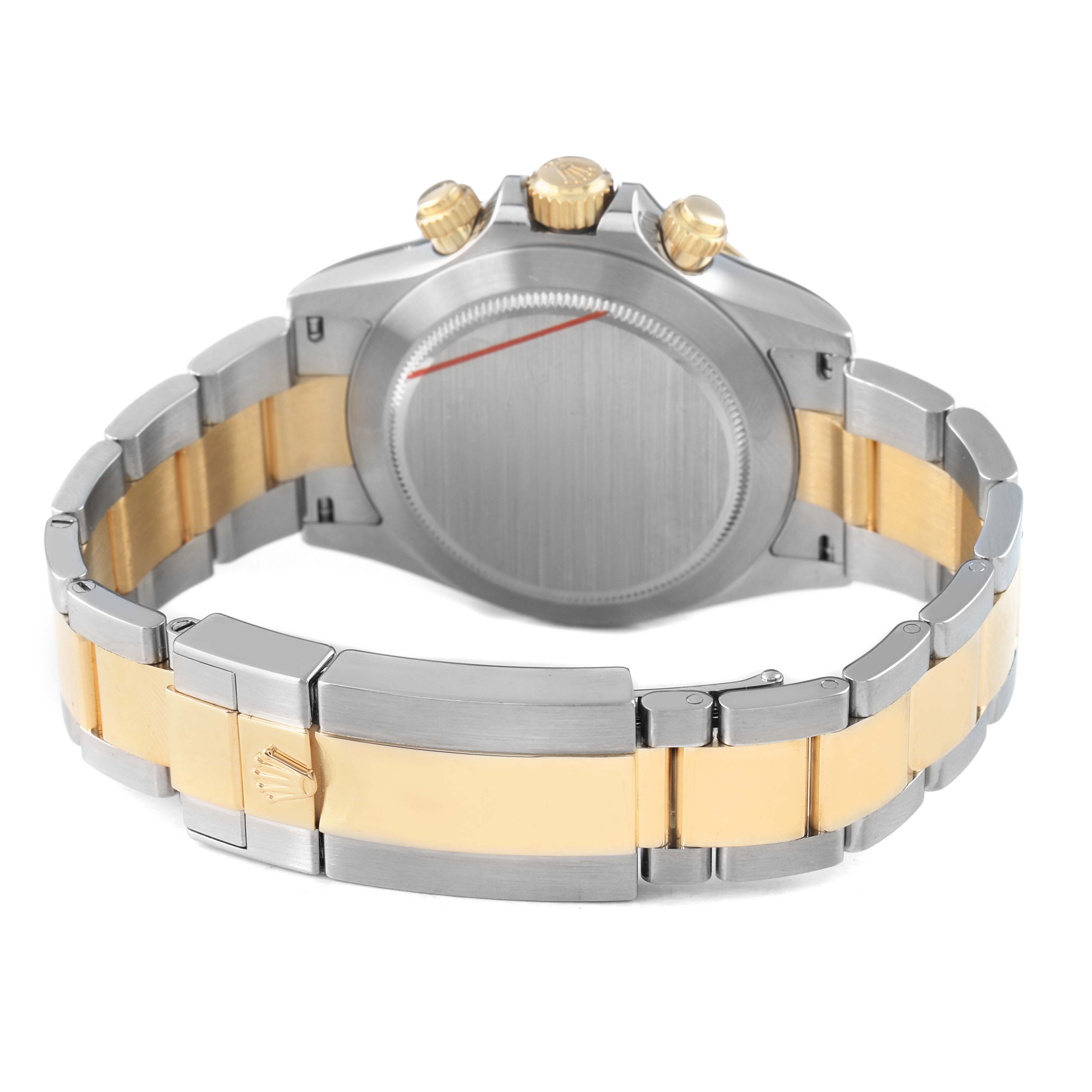 The image shows the back of the Rolex Daytona 116503 Men's Steel and Gold (two tone) Black Dial, highlighting the bracelet, clasp, and case back from a rear angle.