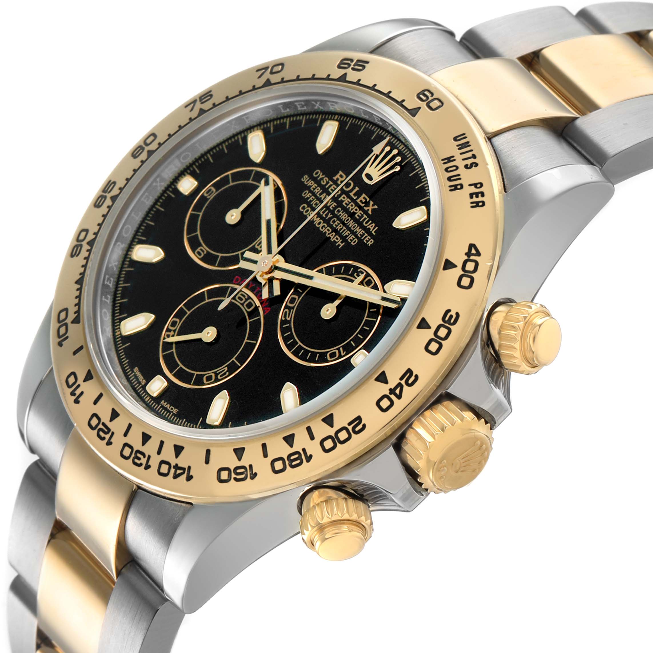 The Rolex Daytona 116503 Men's Steel and Gold (two tone) Black Dial watch is shown at a side angle, highlighting the bezel, crown, and pushers.