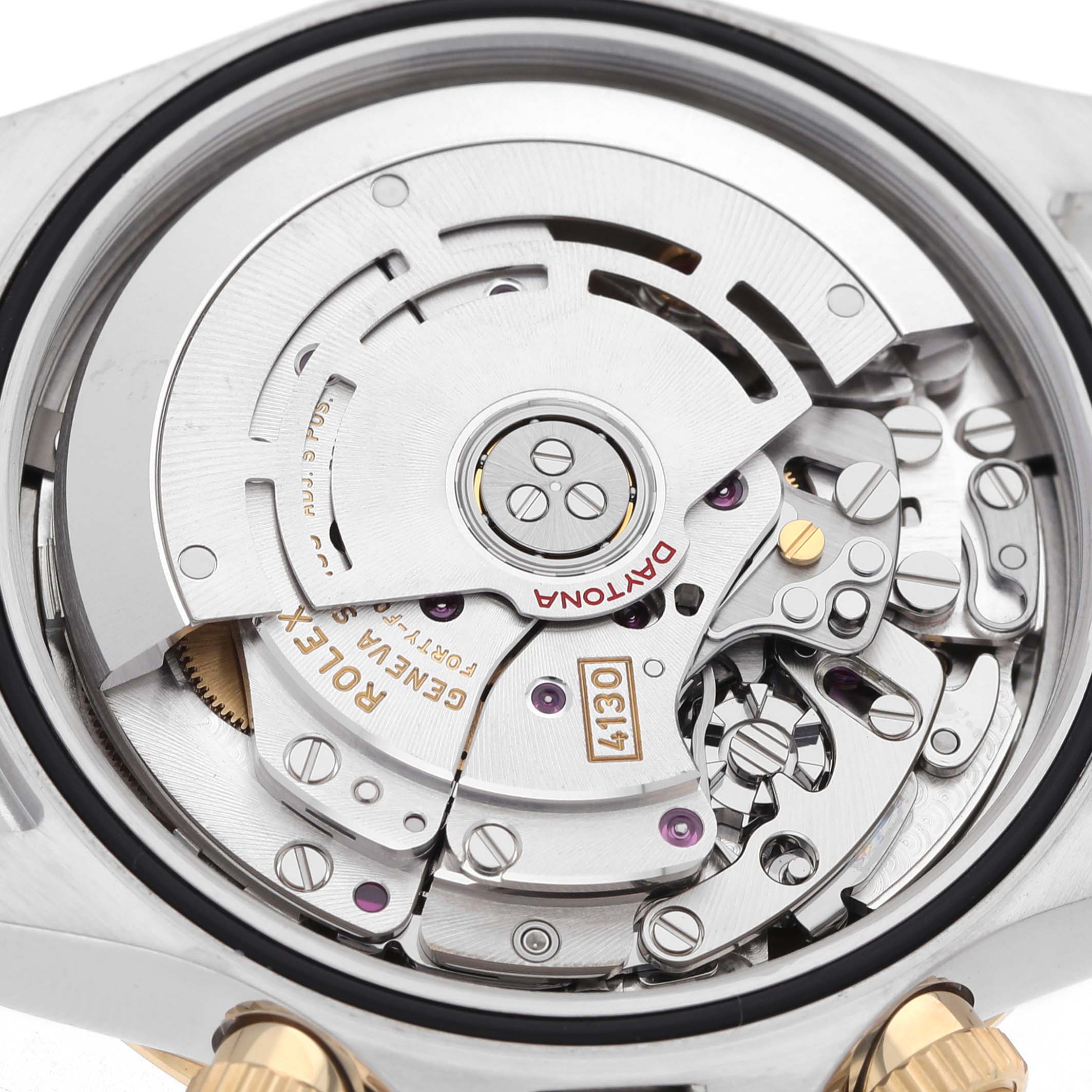 This image shows the movement mechanism of a Rolex Daytona 116503 Men's Steel and Gold (two tone) Black Dial watch, viewed from the back.