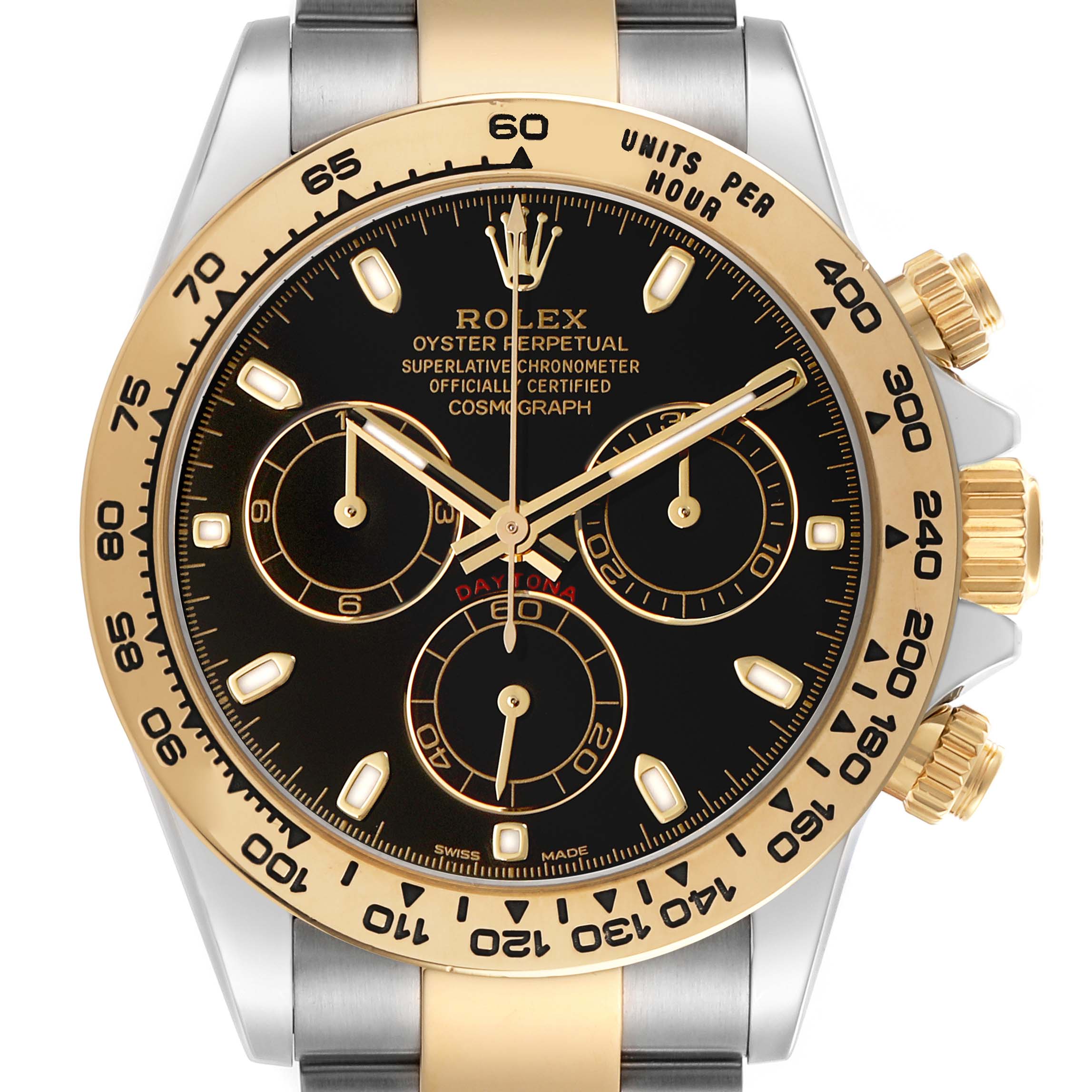 The image shows a frontal view of the Rolex Daytona 116503 Men's Steel and Gold (two tone) Black Dial watch, highlighting the bezel, dial, and chronograph subdials.
