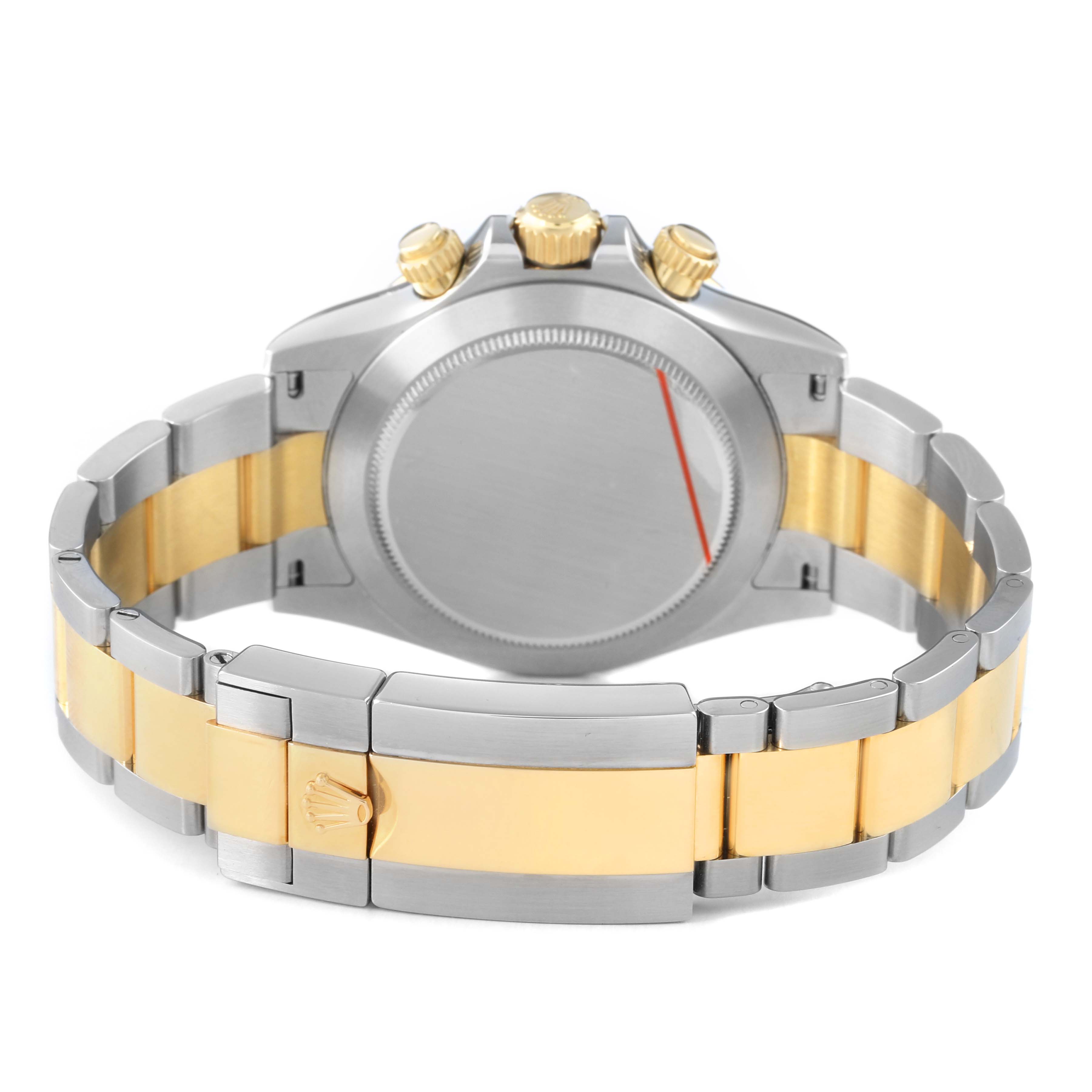 The image shows the back of a Rolex Daytona 116523 Men's Steel and Gold (two tone) Silver Dial watch, highlighting its bracelet, clasp, and crown with a gold and silver combination.