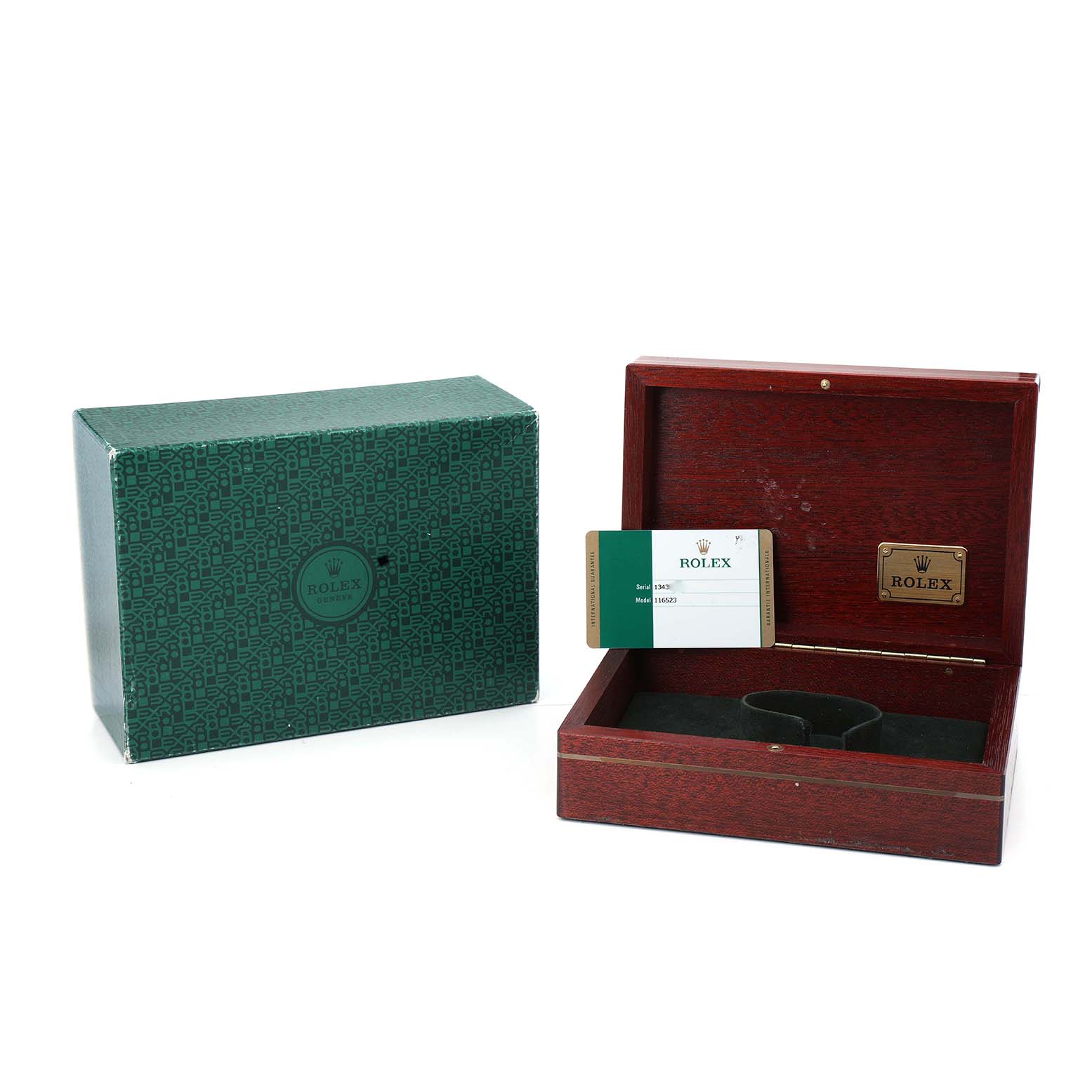 The image shows a green outer box and an open wooden box for the Rolex Daytona 116523 Men's Steel and Gold (two tone) Silver Dial, with a manual and space for the watch.