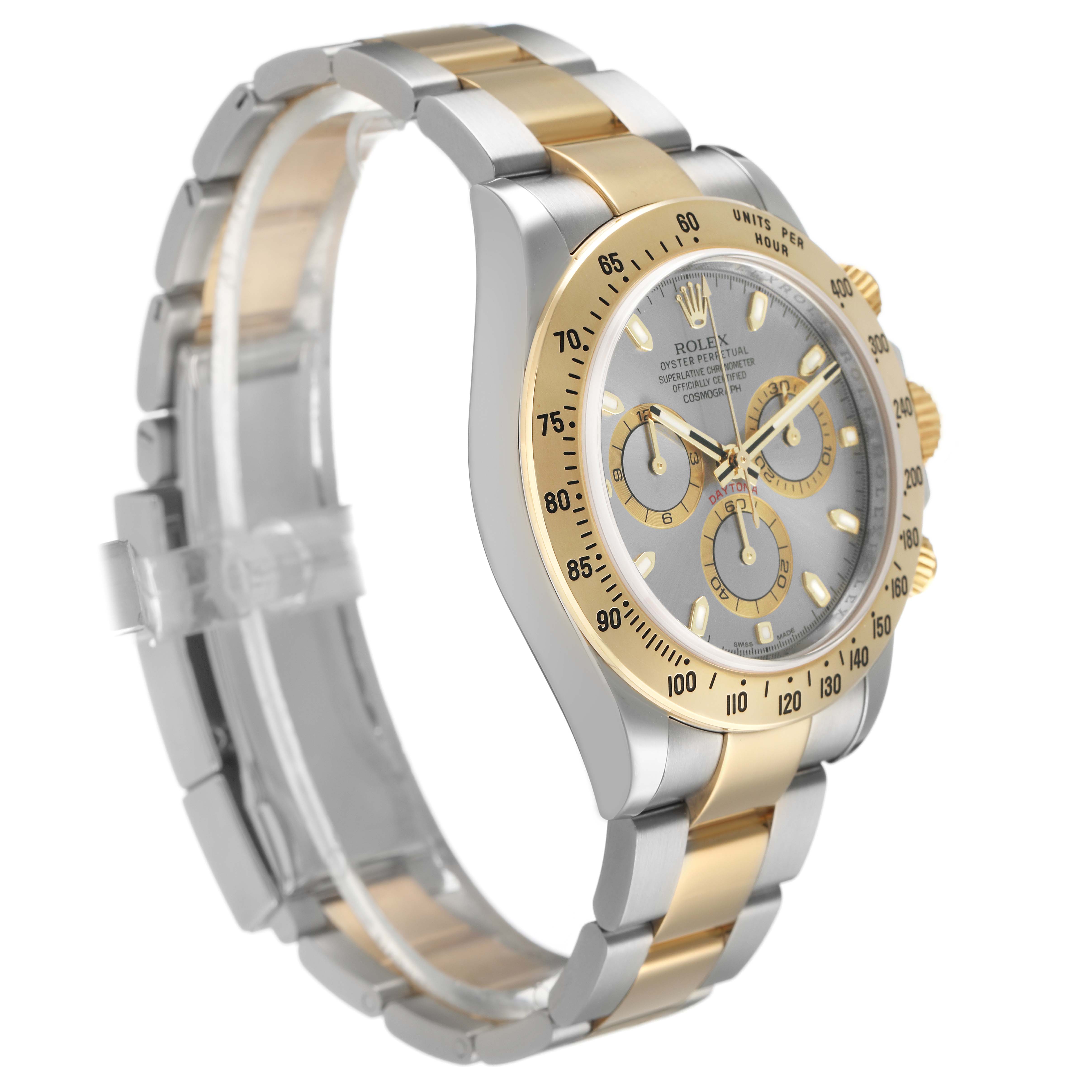 The Rolex Daytona 116523 Men's Steel and Gold (two tone) Silver Dial watch is shown at a three-quarter angle, highlighting the dial, bezel, and two-tone bracelet.