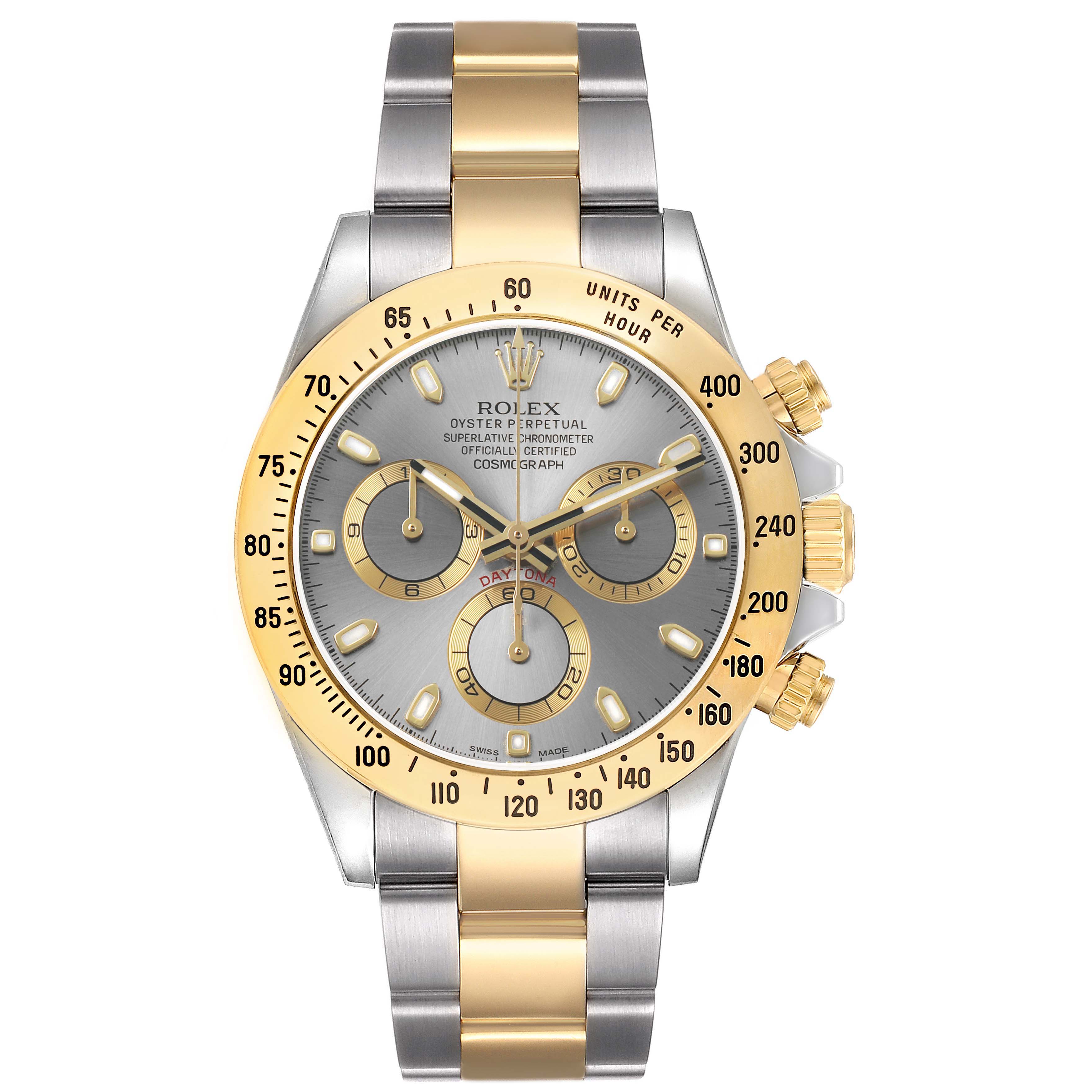 The Rolex Daytona 116523 Men's Steel and Gold (two tone) Silver Dial watch is shown from a front angle, highlighting its bezel, dial, subdials, and two-tone bracelet.