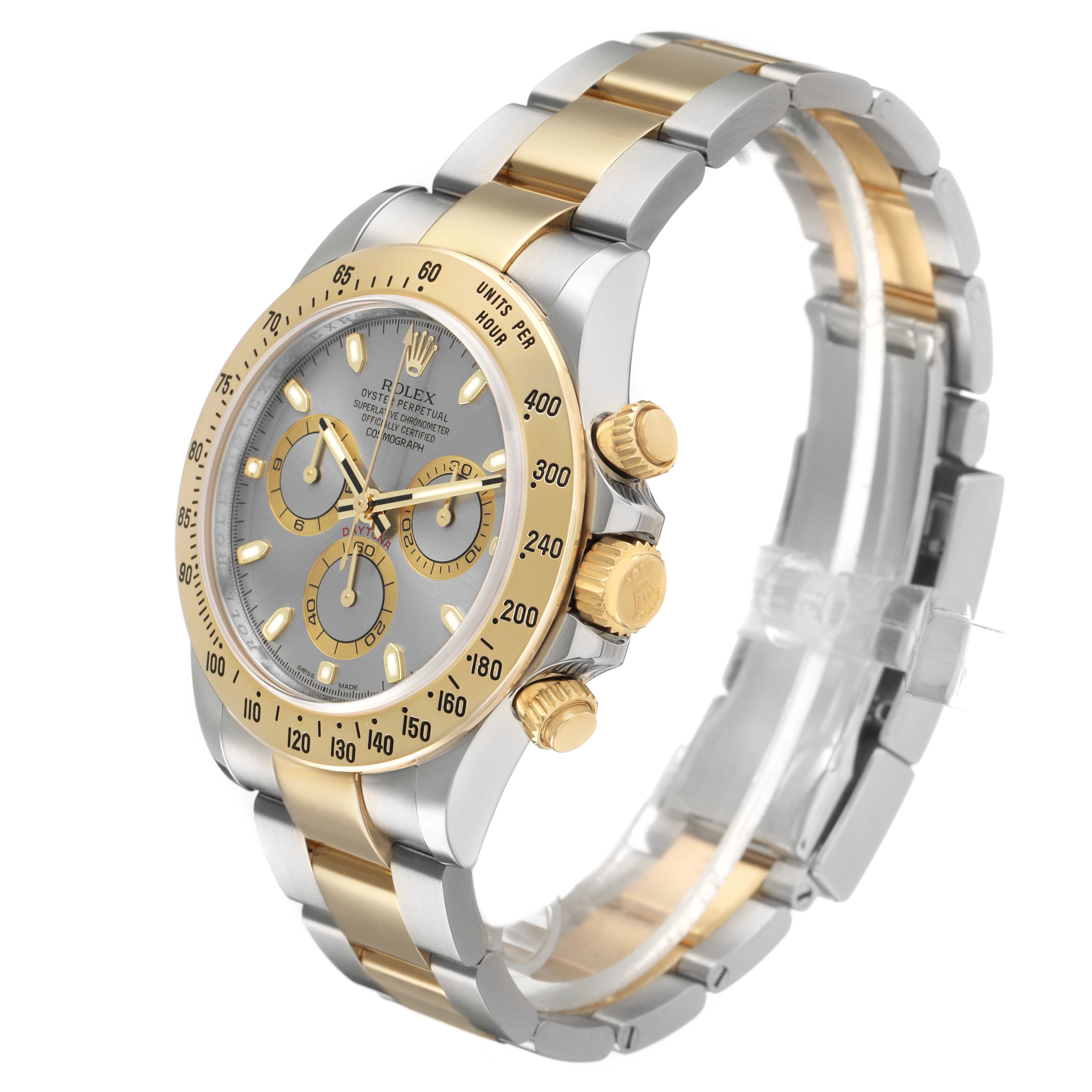 The Rolex Daytona 116523 Men's Steel and Gold (two tone) Silver Dial watch is shown at an angled side view, displaying the dial, bezel, crown, and bracelet.