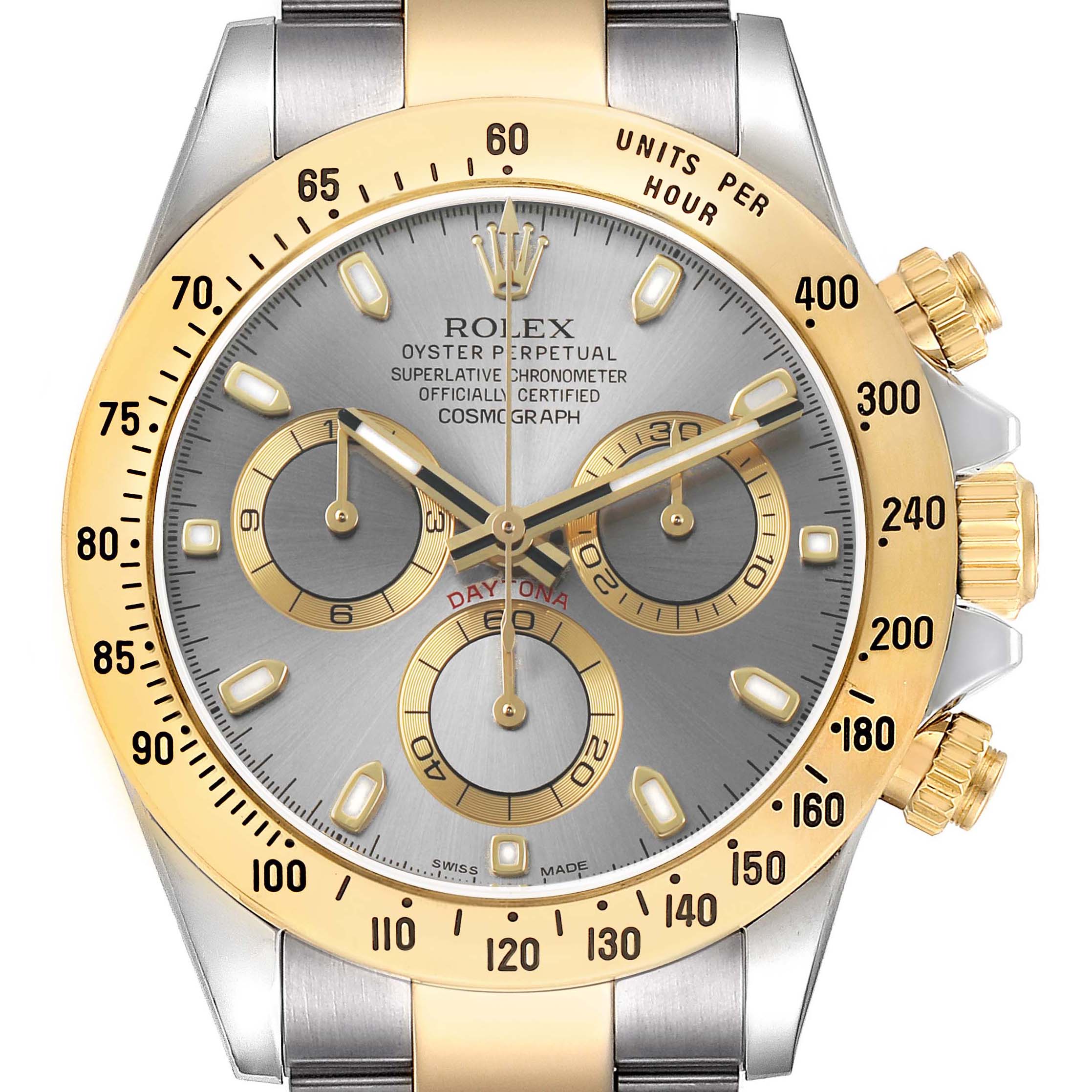 The Rolex Daytona 116523 Men's Steel and Gold (two tone) Silver Dial watch is shown from a front view, highlighting the bezel, dial, sub-dials, and crown.