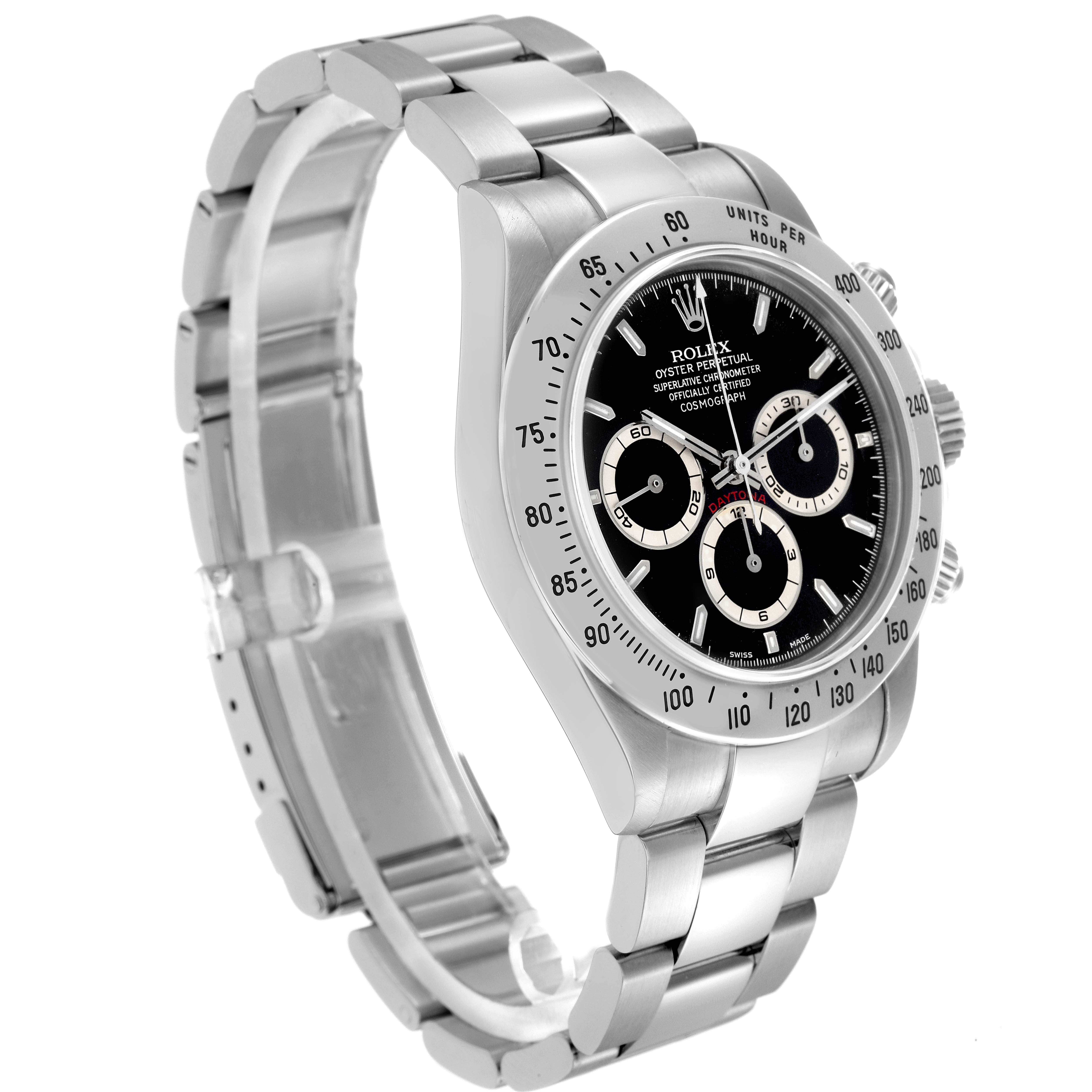 The Rolex Daytona 16520 Men's Stainless Steel Black Dial watch is shown at an angle highlighting the case, bezel, dial, bracelet, and chronograph sub-dials.