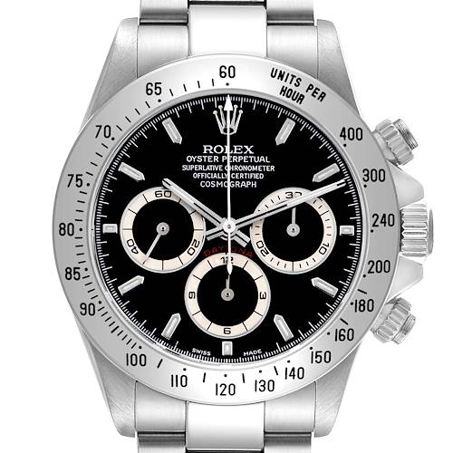 The Rolex Daytona 16520 Men's Stainless Steel Black Dial watch is shown from the front, highlighting its bezel, dial, subdials, and pushers.