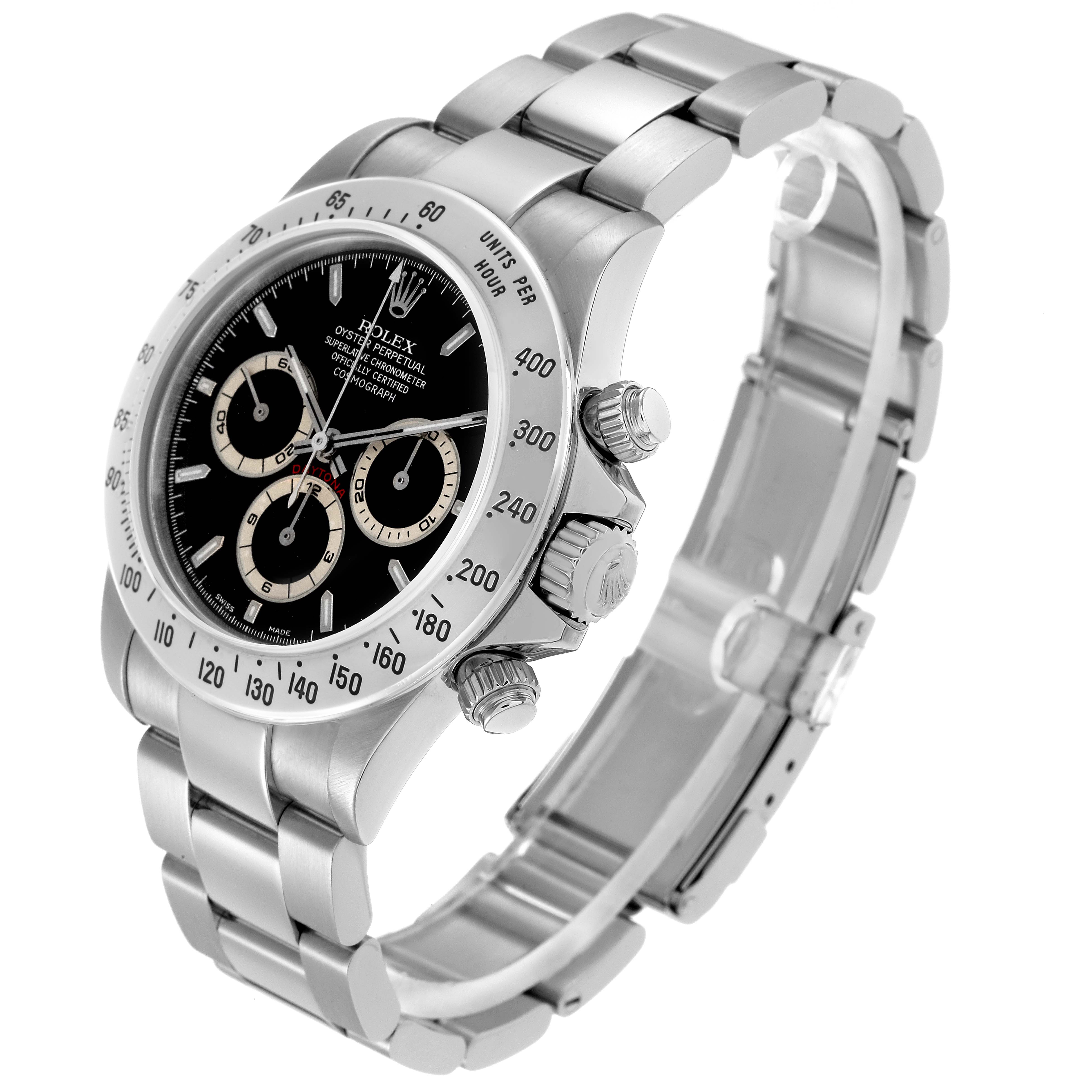The Rolex Daytona 16520 Men's Stainless Steel Black Dial watch is shown at a three-quarter angle, highlighting its face, bezel, crown, and bracelet.