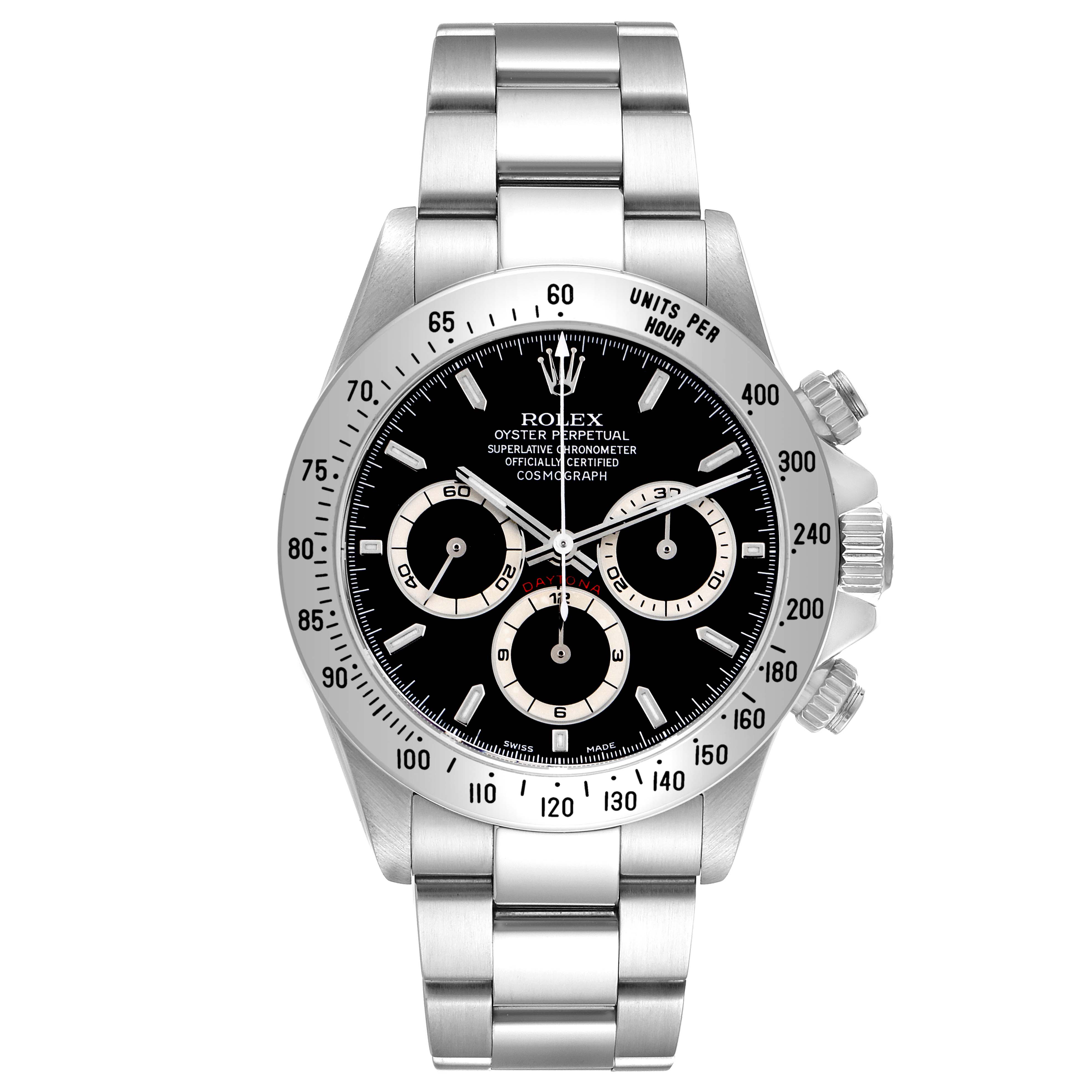 The Rolex Daytona 16520 Men's Stainless Steel Black Dial watch is shown from a top view, highlighting the face, bezel, pushers, and bracelet.